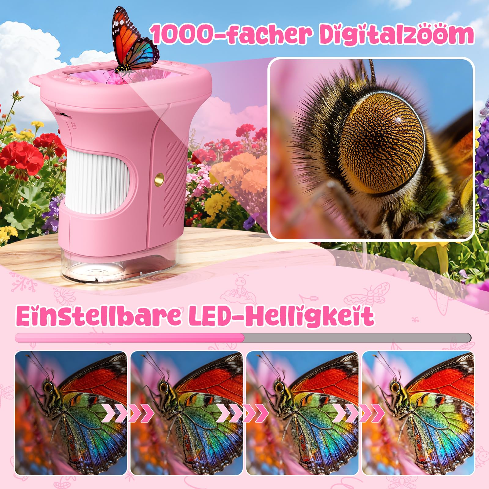 Microscopio Digital para Niños con Pantalla de 2.4'',Recargable 1000x,Microscopio de Bolsillo Portátil para Niñas de 3 a 10 Años (Rosa)