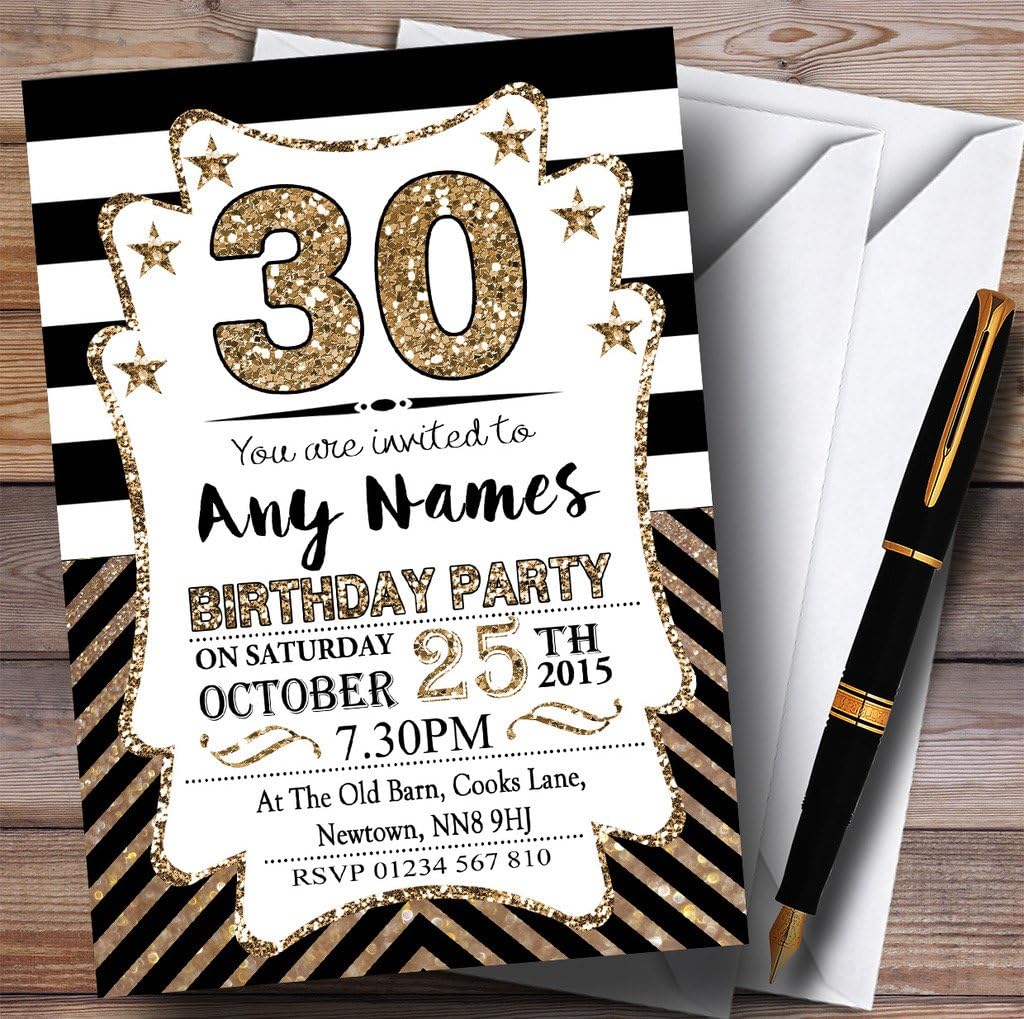 Black & White Bronze Chevrons 30th Personalized Birthday Party Invitations