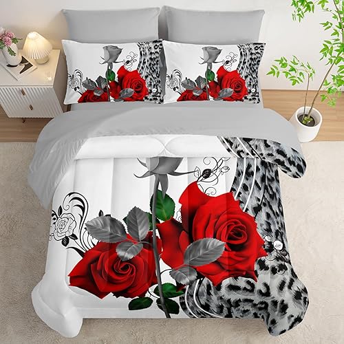 AILONEN Juego de edredón con estampado de leopardo rosa para niñas, mujeres y amantes de parejas, 7 piezas con temática de rosas rojas y animales en