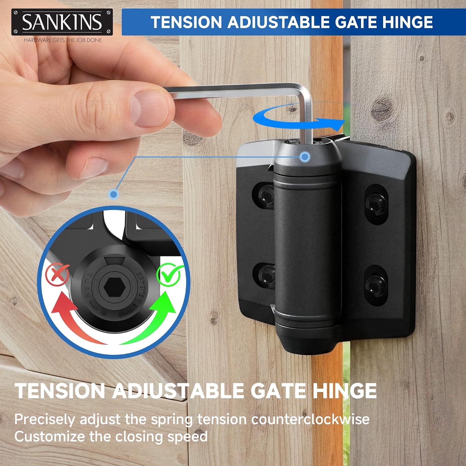 Heavy Duty Self Closing Nylon Gate Hinges(Square-to-Square), Tension Adjustable Pool Gate Hinges with Safety Cap, Durable Nylon Fence Door Hinges for Outdoor Gates, Vinyl, Metal Gates, 2 Pack