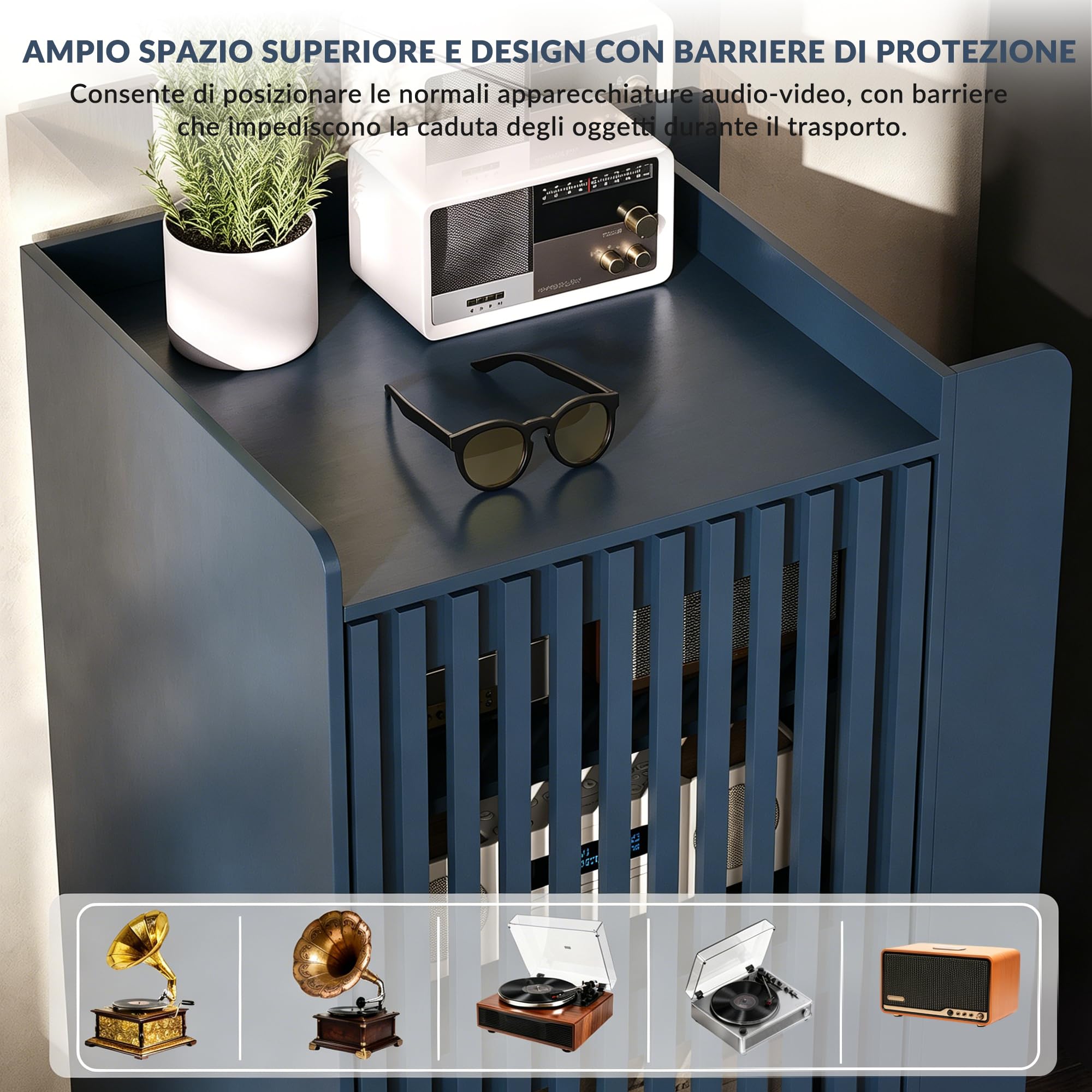 Supporto per giradischi con vano per vinili, mobile porta stereo con anta a doghe e ripiani regolabili, mobiletto porta giradischi in legno con ruote e sistema di gestione dei cavi per il soggiorno.