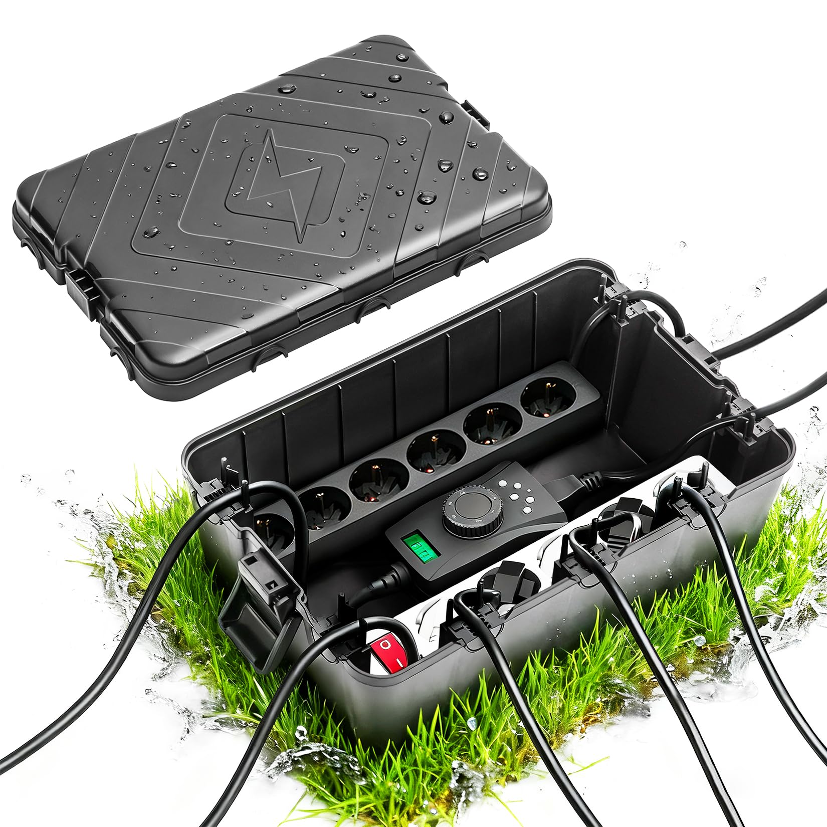 große Kabelbox Wasserdicht IP54 Outdoor Wasserdichte Verteilerdose für Wand/Boden mit 7 Kabeleingängen | Schutzbox für Steckdosenleisten, Verlängerungskabel und Stecker