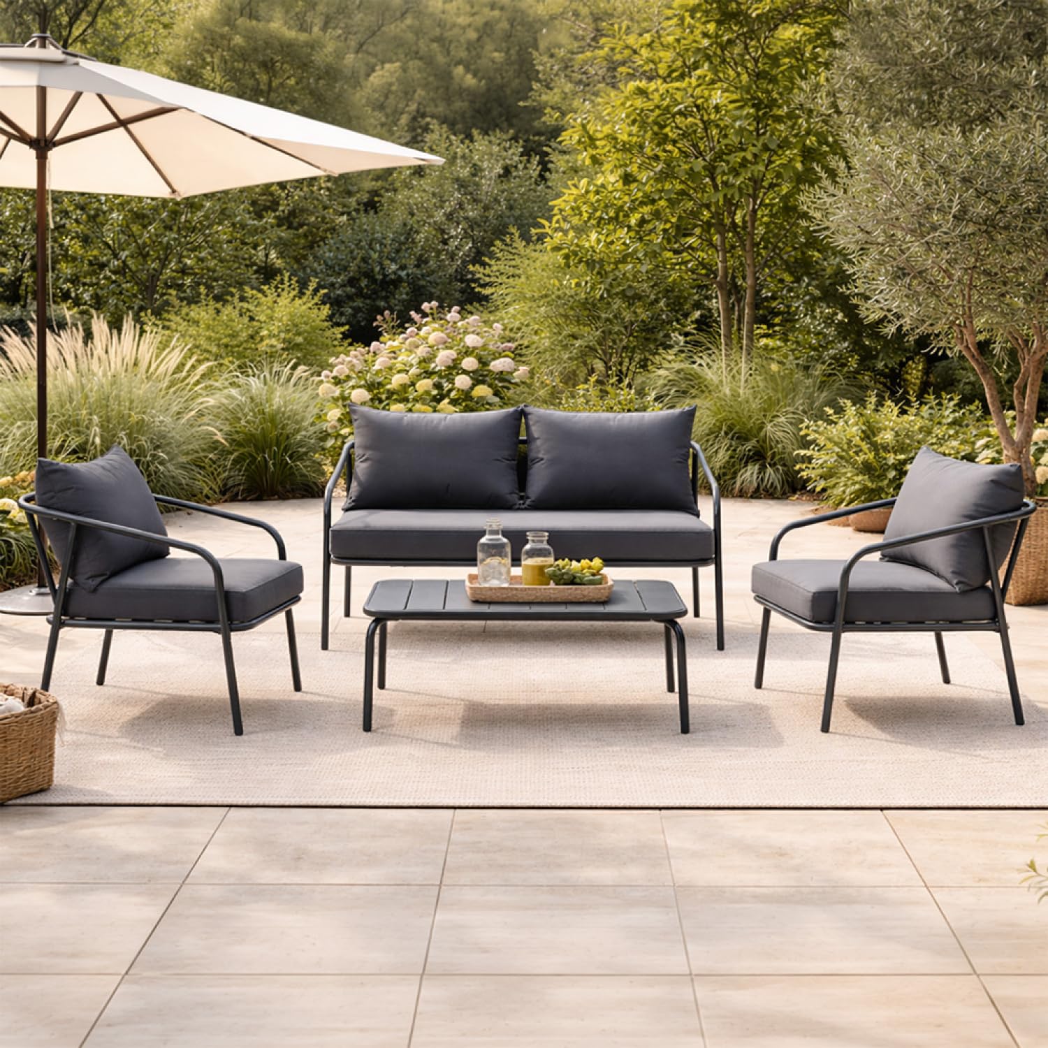 CONCEPTO Fábrica | Jardín BERGAME 4 plazas 120 cm Acero Gris | Gran Salón Exterior Amigable | Muebles Jardín Terraza Piscina | Resistencia Sol & Intemperies | Premium Design Amigable