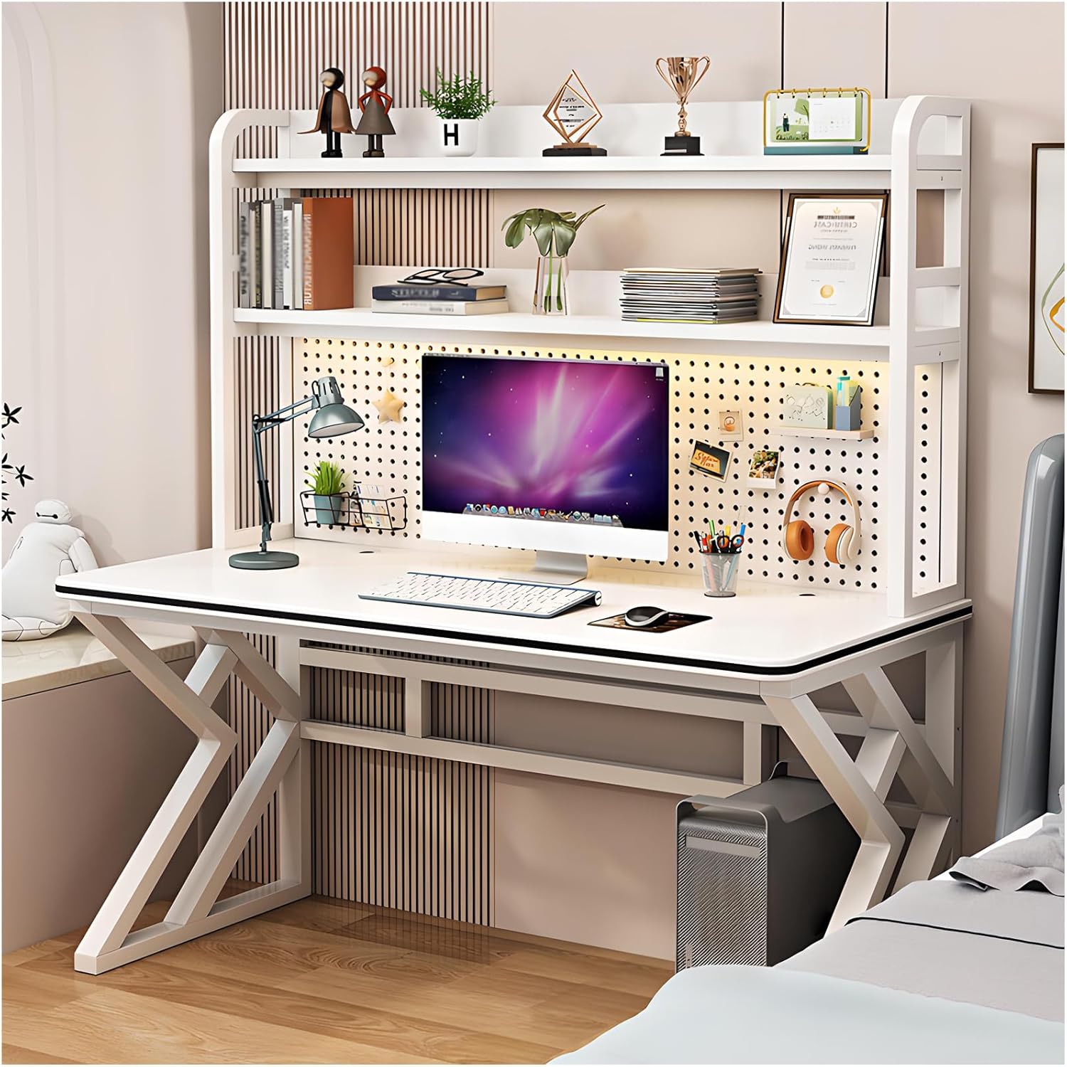 Gaming Desk with Pegboard and Storage Shelves, Computer Desk with Home Office Design, Modern Office Desk with Spacious Computer Workspace for Home Office and Gaming Setup (White, 31.5 in)