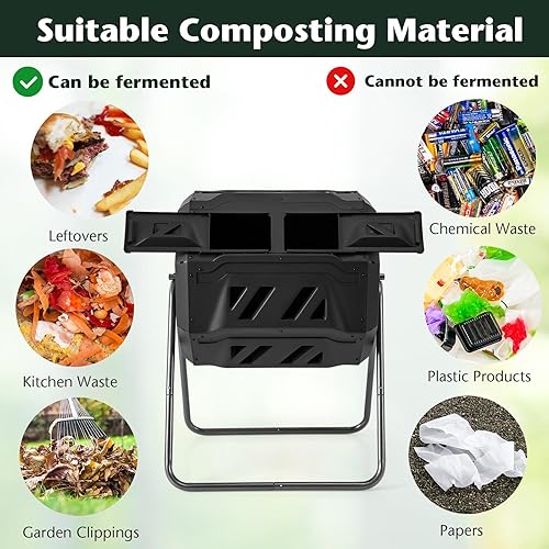 Miniatura 8 de Goplus Contenedor de compostaje de doble cámara para exteriores de 42 galones con 2 puertas corredizas, marco de metal resistente, compostador