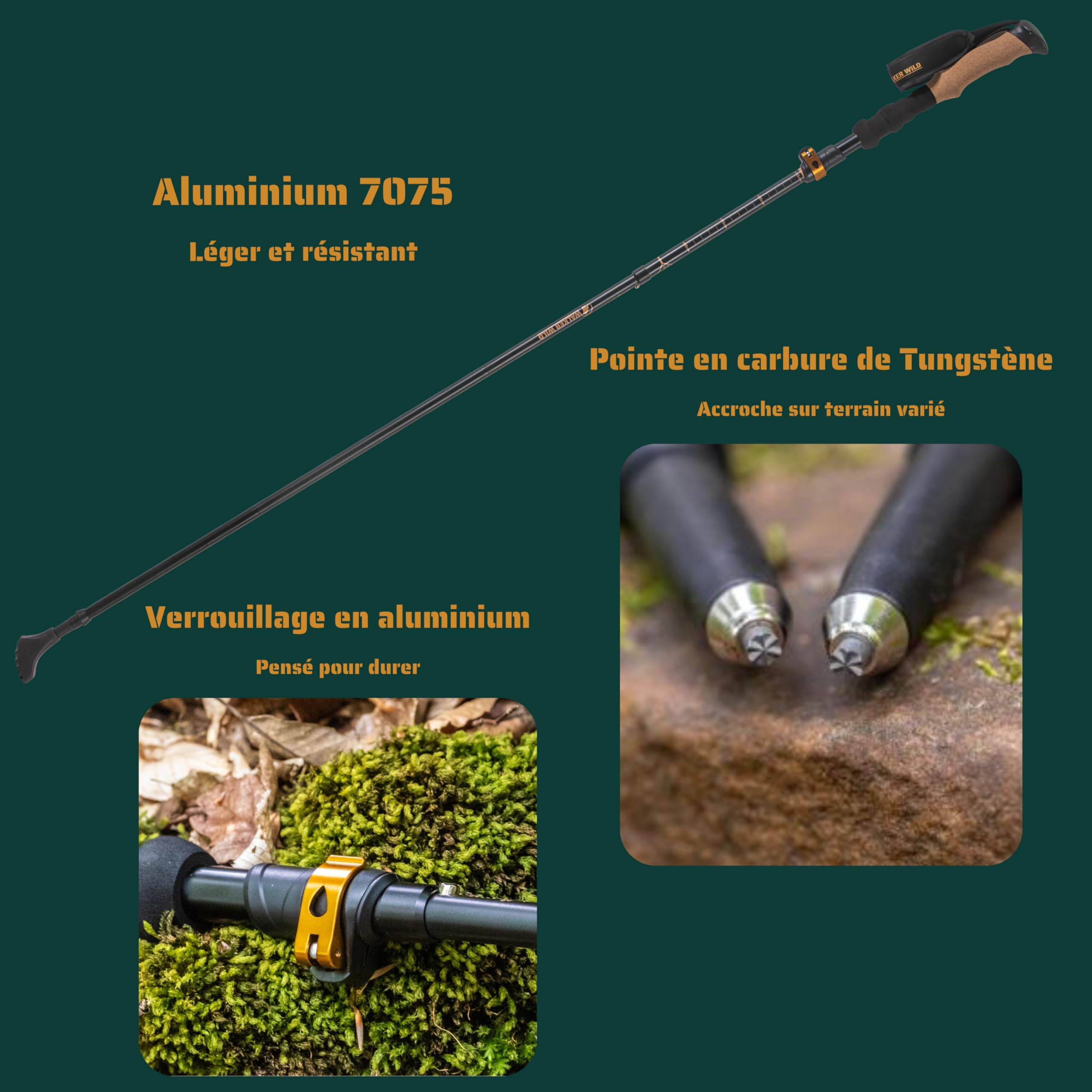 Lot de 2 bâtons de randonnée Pliables 115-135 cm, Aluminium 7075, poignée Longue EVA liège, Pointes carbure, Embouts et Sac Inclus - 4