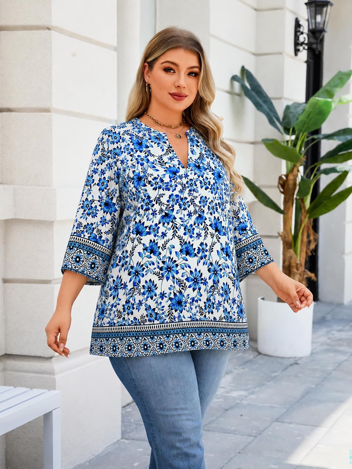 Plus Size Tops 3/4 Sleeve Boho Blouses Dressy Casual V Neck Tunic Loose Fit Floral Peasant Shirts