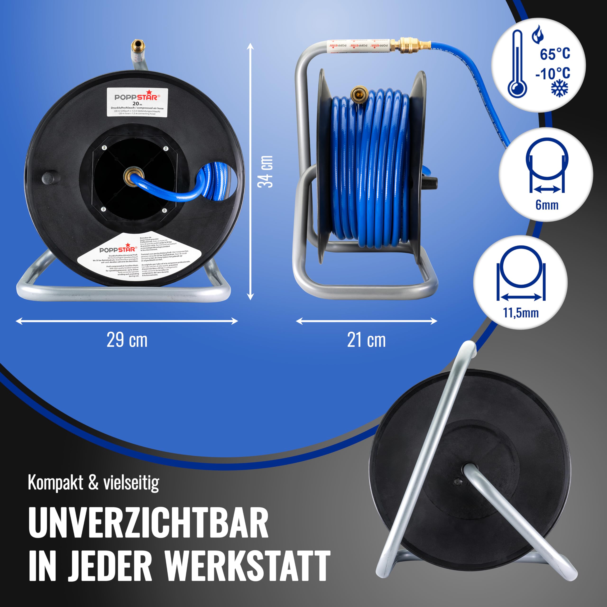 Poppstar Manuelle Druckluftschlauchtrommel aus PVC (20m+1,5m, Durchmesser (6x11,5mm)), Anschlüsse 1/4 Zoll BSPT