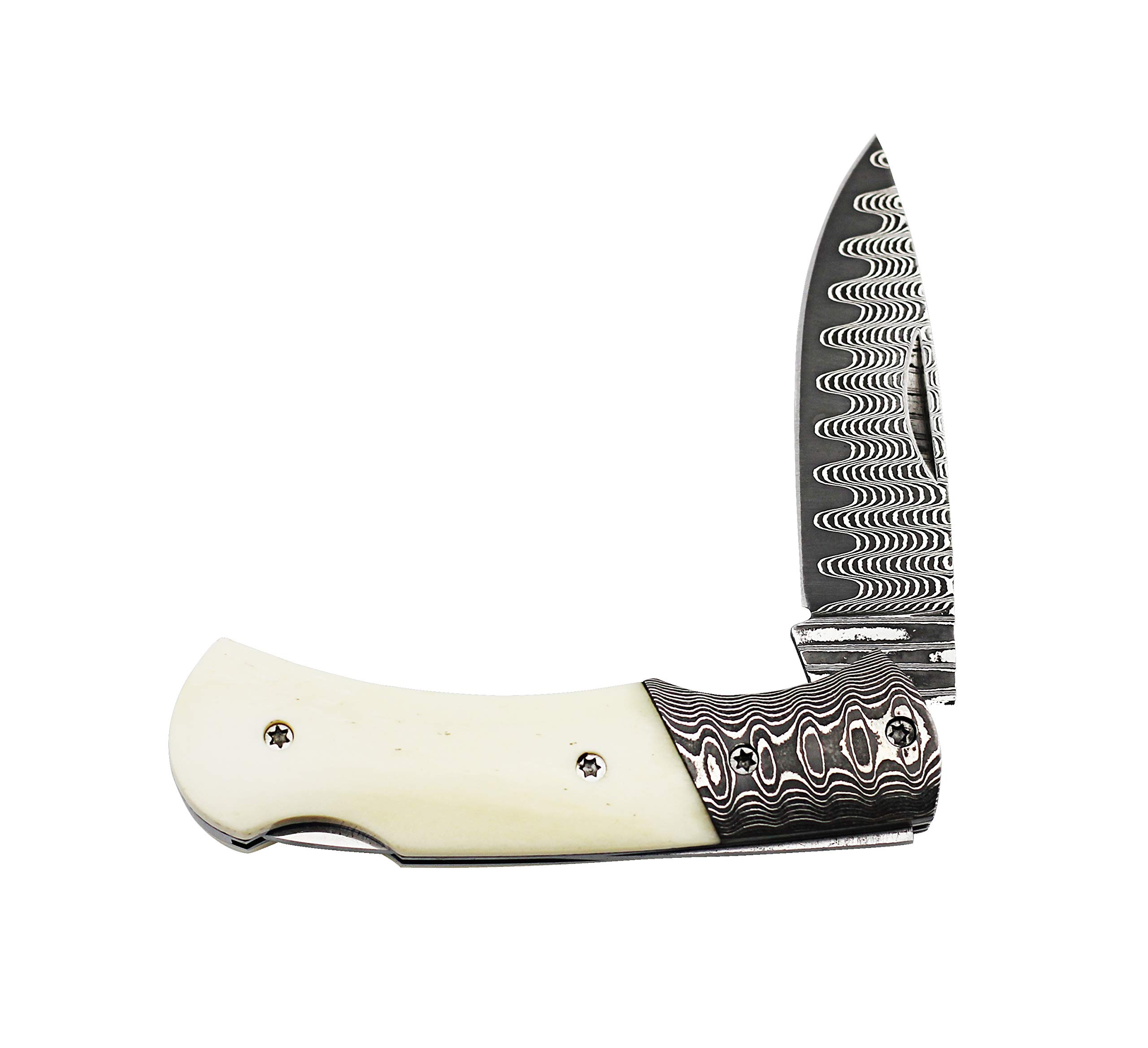 YOUSUNLONG Navaja de bolsillo y navaja 140mm - hoja de acero damasco - mango de hueso de toro