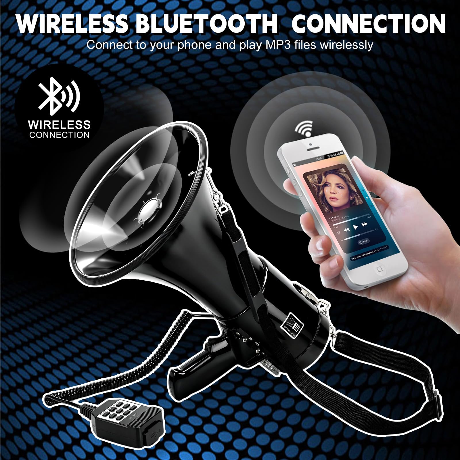 WingFly Megáfono 150W Bluetooth Grabación Alcance 2000m Altavoz Sirena Micrófono Externo USB