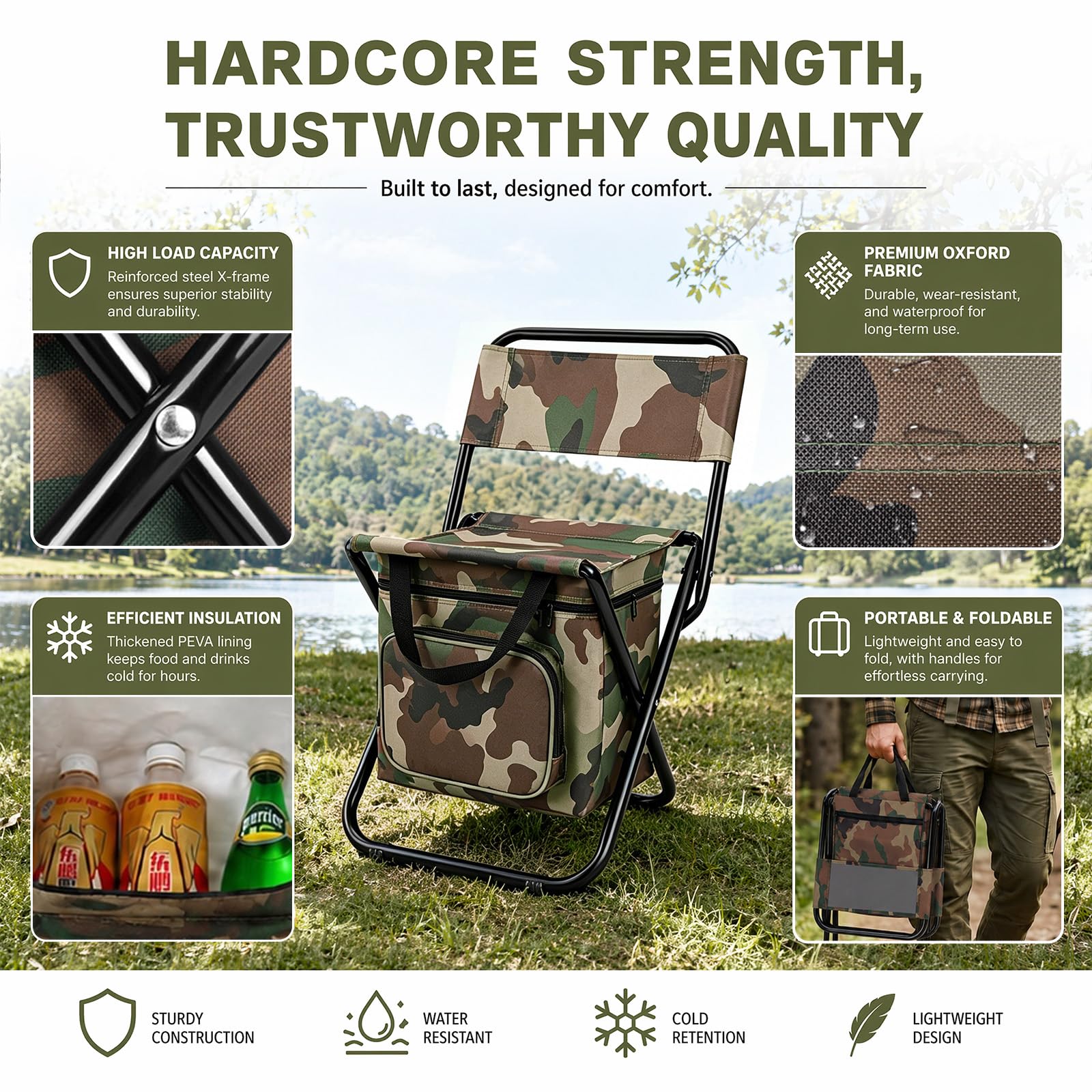 Sedia pieghevole portatile 3 in 1 per esterni, campeggio e pesca, pieghevole, con custodia e motivo mimetico, per il tempo libero e il giardino (verde mimetico)