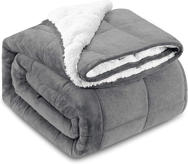 HBselect Sherpa Fleece Weighted Blanket Throw for Stress Anxiety Relief and Better Sleep, Fuzzy Soft Microfiber Heavy Blanket for Adults - 135*200cm-8kg(17lb)-Dark Gray Velvet + White Sherpa