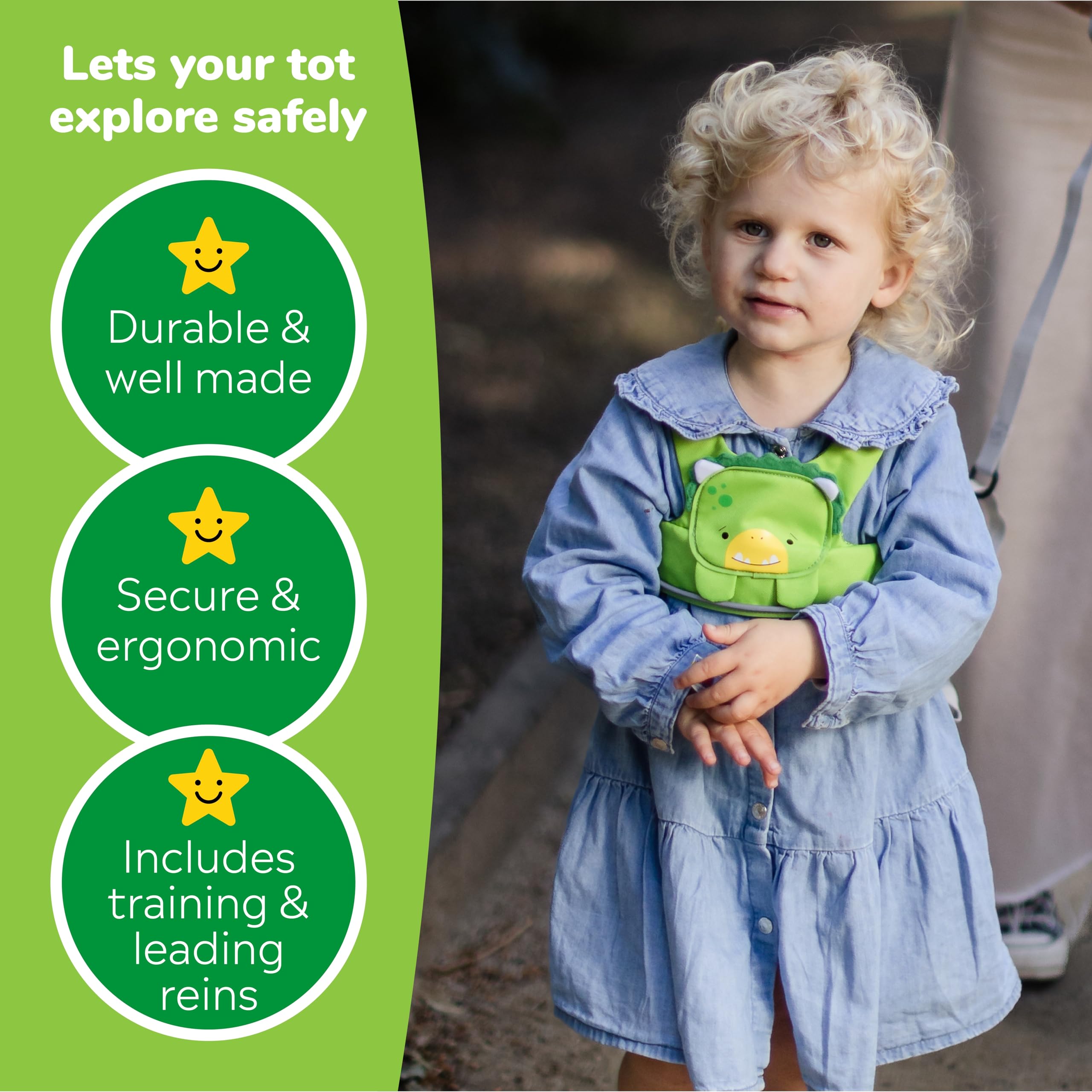 Trunki ToddlePak - Fuss Free Baby Walking Reins And Toddler Safety Harness – Dudley Dinosaur (Green) - 4