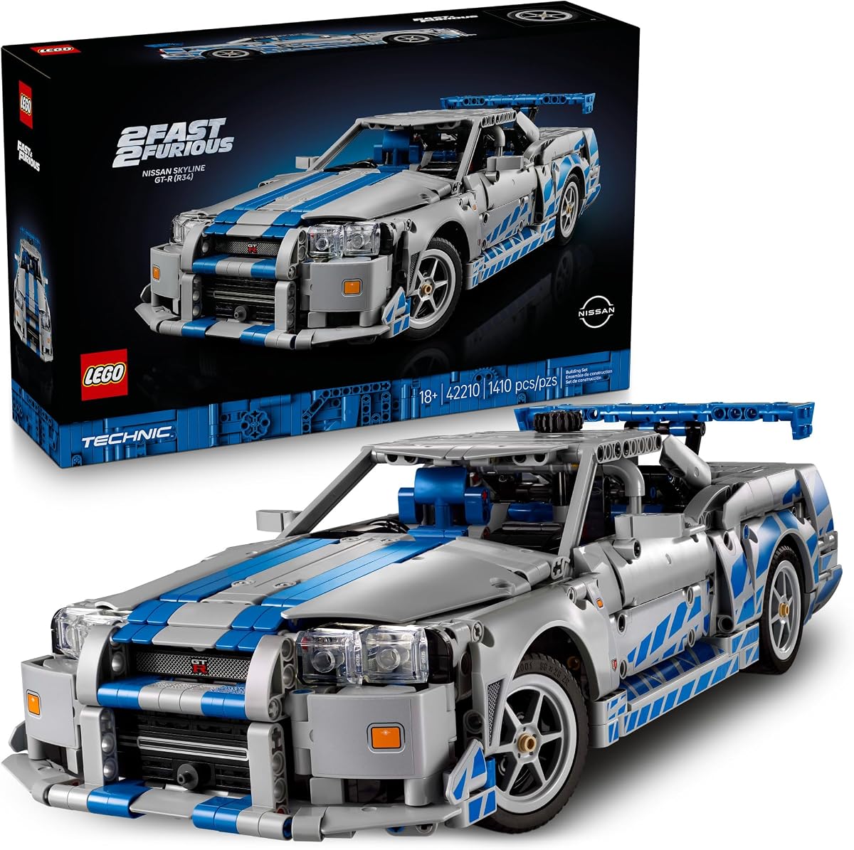Technic 2 Fast 2 Furious Nissan Skyline GT-R (R34) Car - DIY Kit and Building Set for Adults - Collectible Model Street Racer with Drift Function - Gift for Car Enthusiasts and Movie Fans - 42210