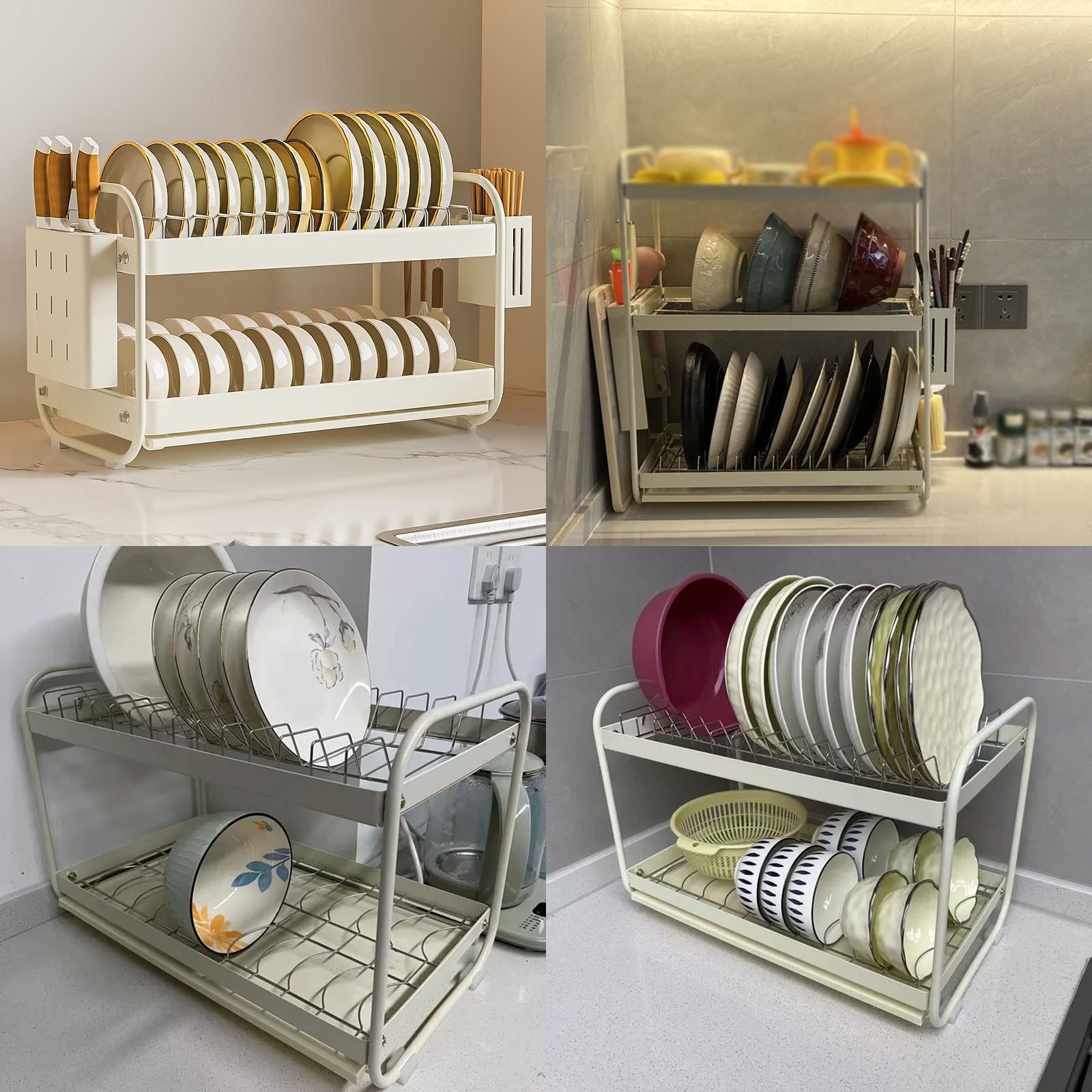 Wielopoziomowy Ociekacz na Naczynia Nad Zlewem, Suszarka na Naczynia na Blat Kuchenny ze Stali Nierdzewnej z Przegródkami, Zapewniająca Porządek i Czystość(48x27x32 cm/19x11x13 in)