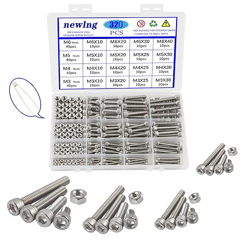 newlng Kit de tornillos y tuercas M3 M4 M5 M6 de acero inoxidable 304 de cabeza hexagonal de acero inoxidable tornillos de máquina métrica para