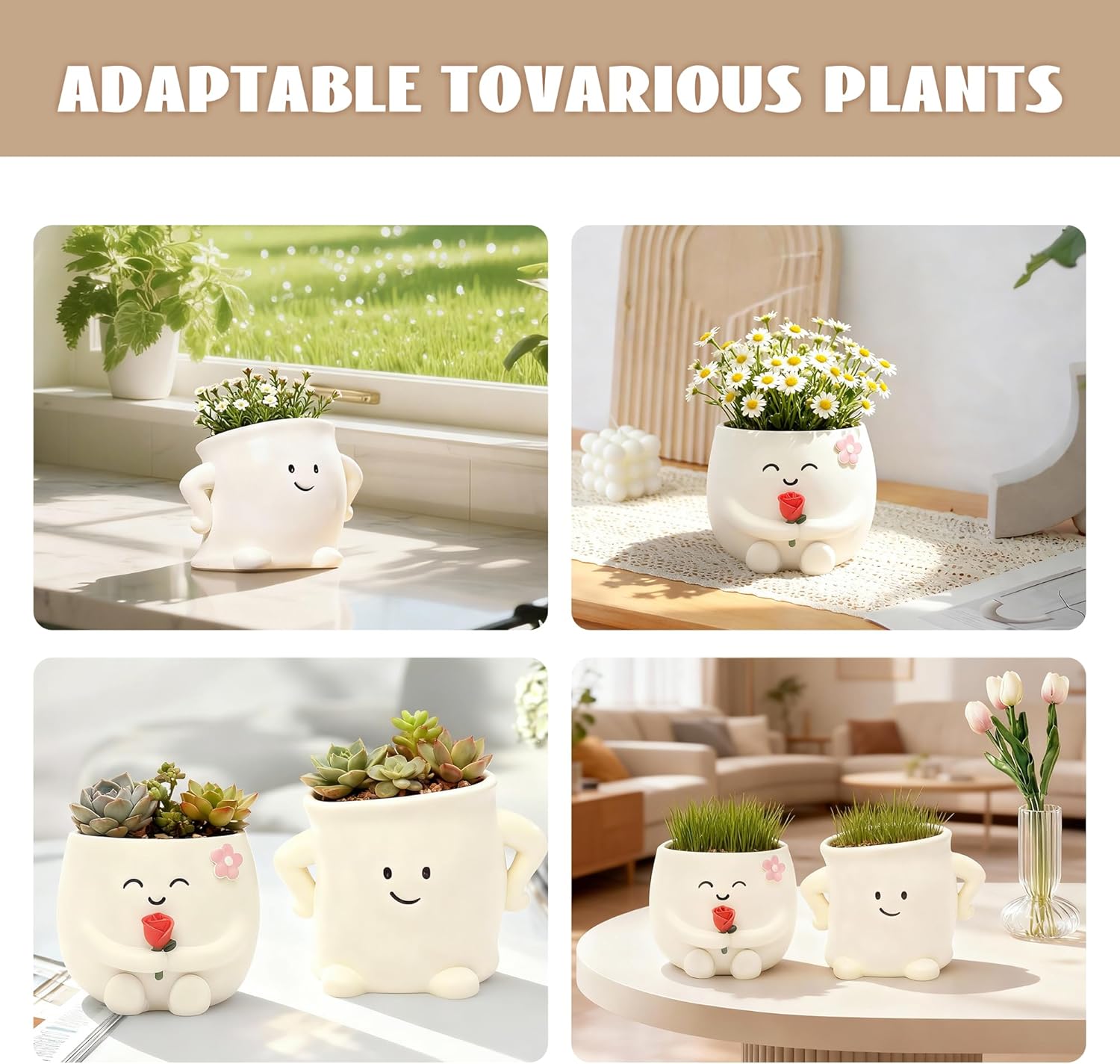 Smiley Face Planter Pot: Unique Happy Face Plant Pot for Succulents Plants Live with Drainage Hole - Succulent Pot, Funny Flower Pot - Suitable for Indoor and Outdoor Decoration