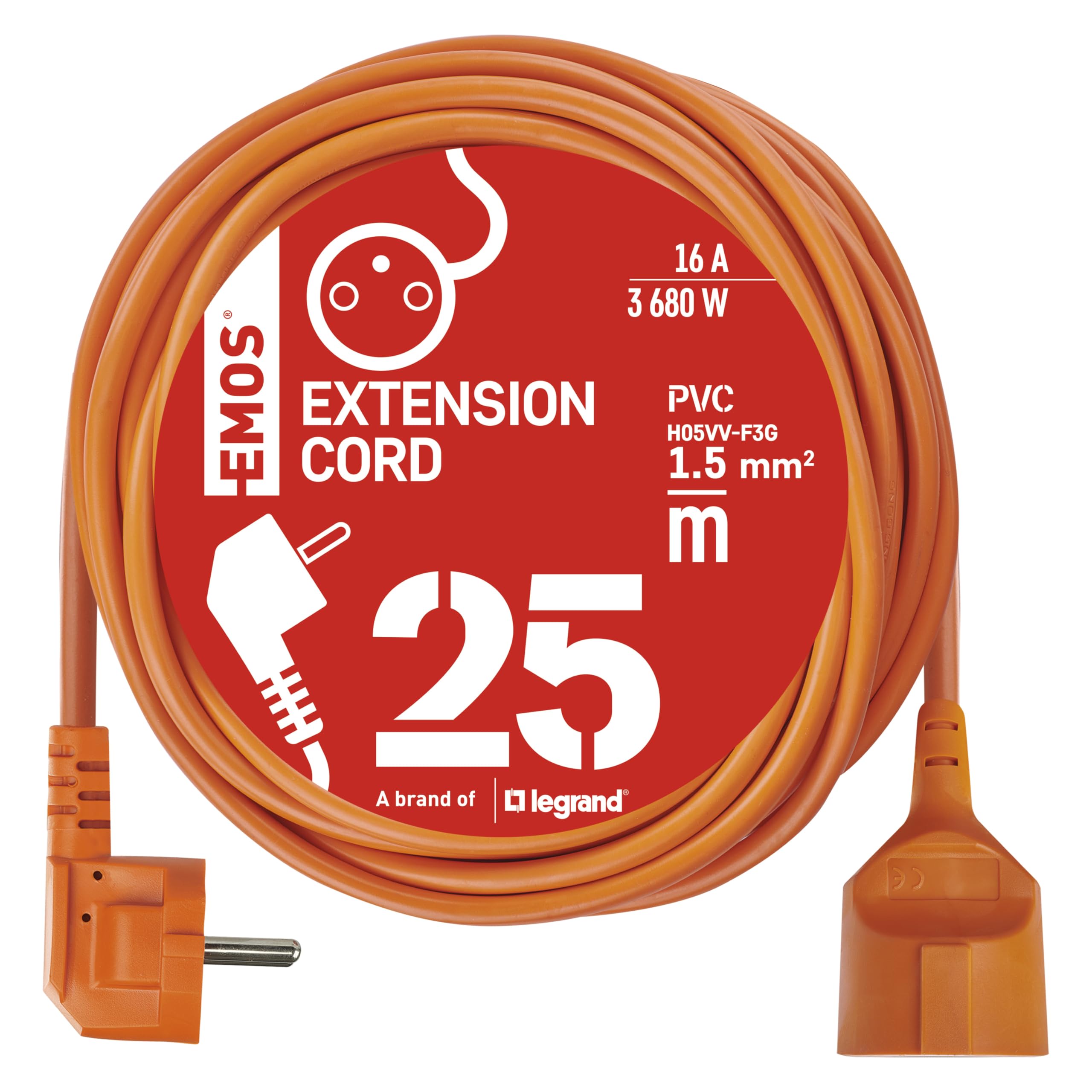 EMOS przedłużacz IP20 25 m, 1 gniazdo, 230 V 16 A 3680 W, izolacja PVC H05VV-F3G 1,5 mm², zwiększona ochrona, do wnętrza, pomarańczowy