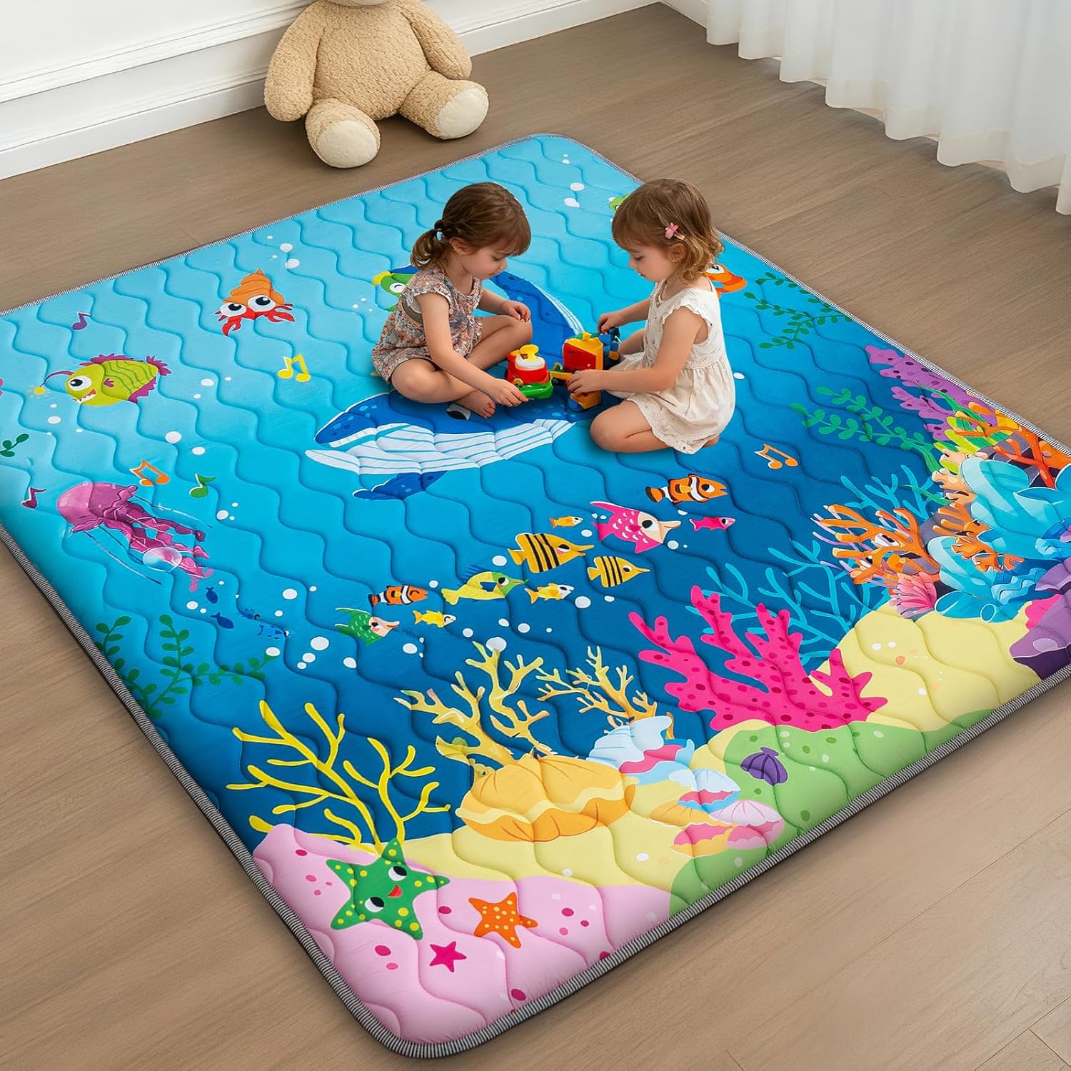 Baby Play Mat for Floor, 50'' x 50'' Thicken Foam Soft Padded Mat for Baby, Playpen Mat for Toddlers Infant Kids, Machine Washable, Non-slip Bottom Safe for Crawling (Sea)