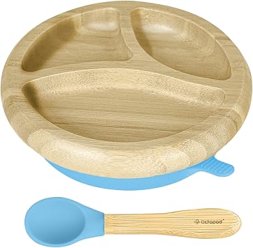 Abiie Octopod Bamboo Dish & Spoon - Suction Baby Plate - 4 Mos & Up - Blue
