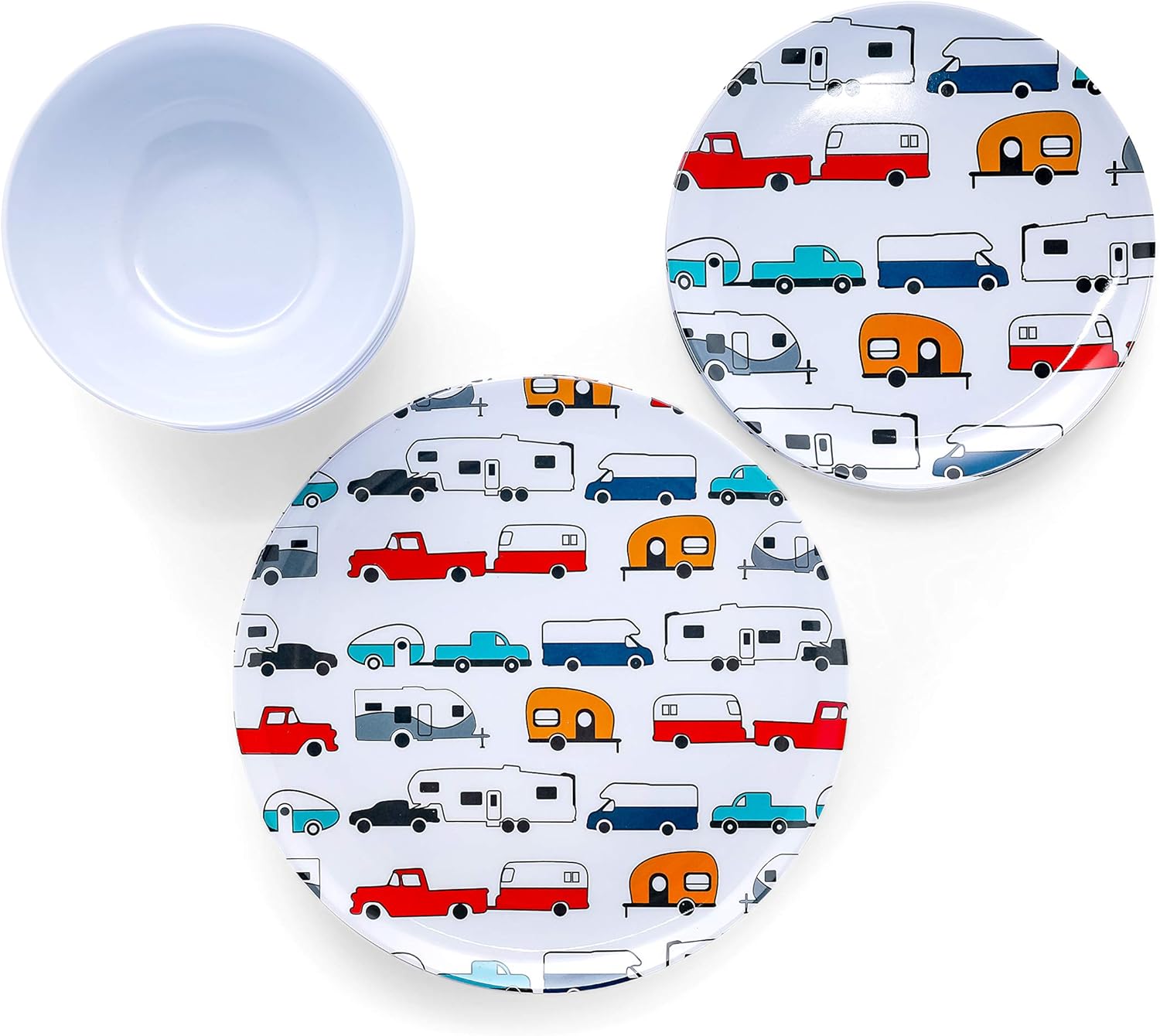 Camco Life is Better at the Campsite Dishware Set | Includes (4) large dinner plates, (4) small salad plates and (4) bowls | Top rack dishwasher safe | Multi-color RV and truck design (53295)