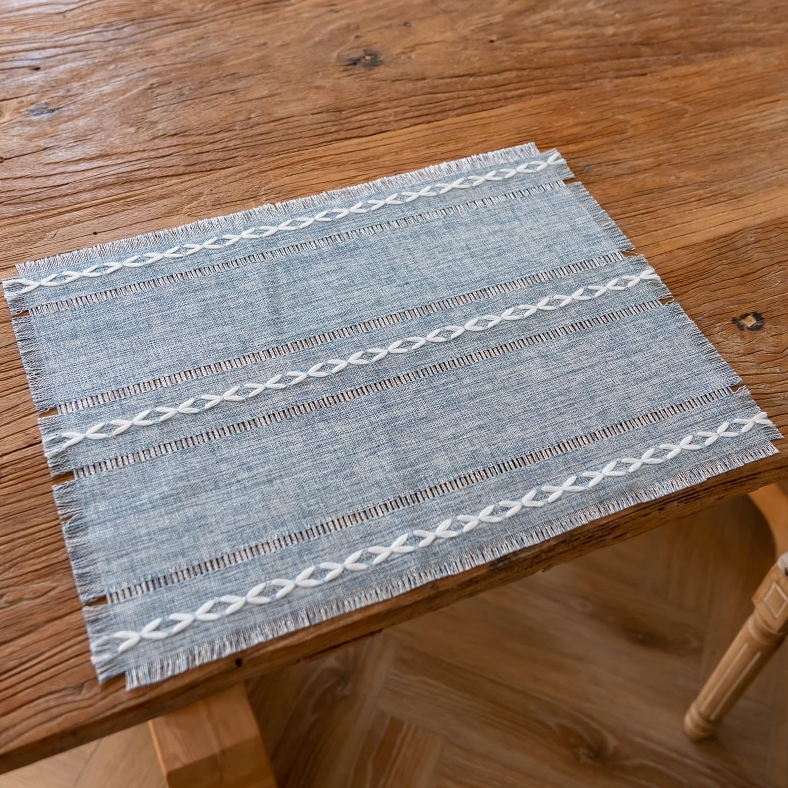 Set de table en tissu creux rayé gris bleu 33x45 cm pour cuisine (Lot de 2)