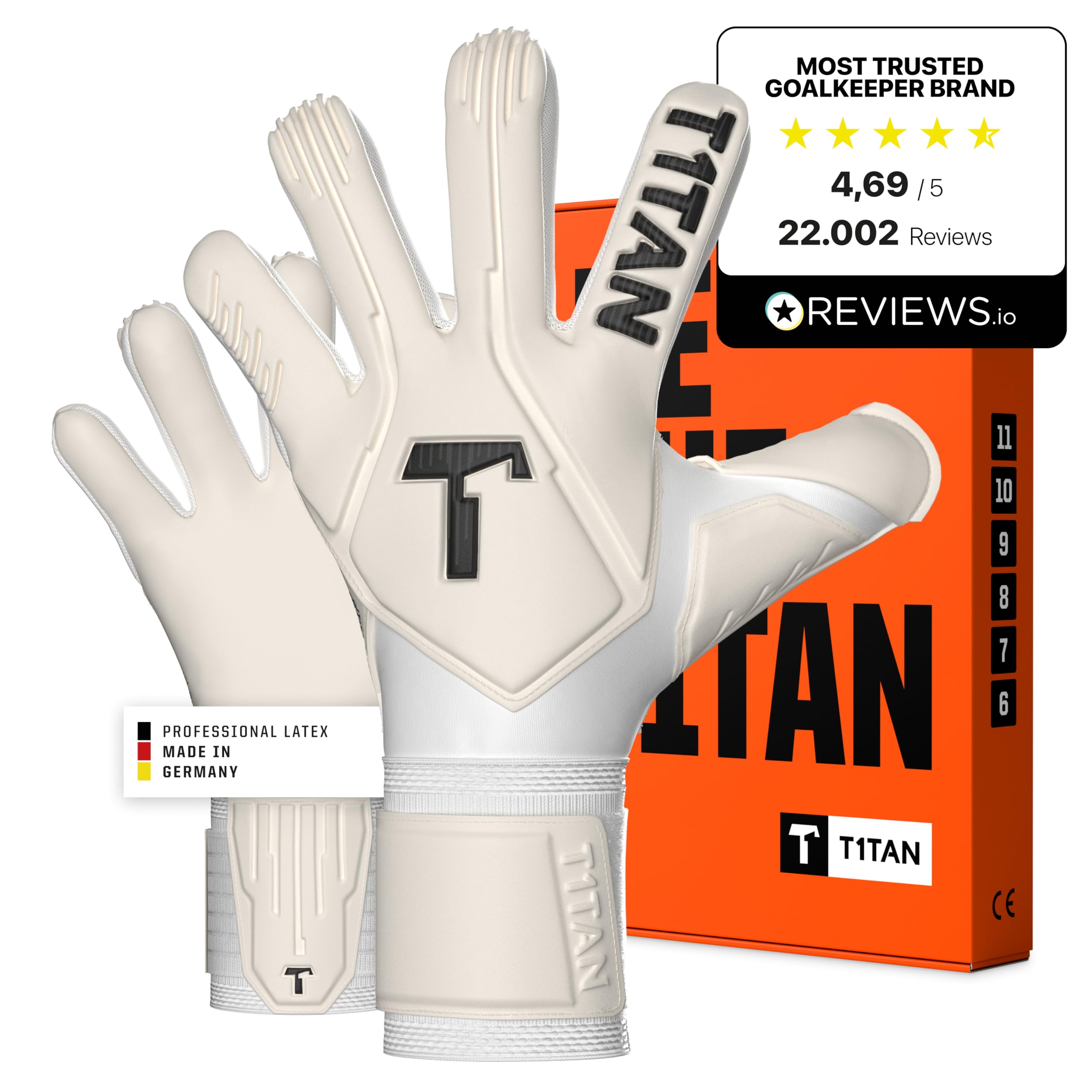 T1TAN Legend White-Out Guanti da portiere per allenamenti e partite, bambini e adulti, guanti professionali, schiuma adesiva Gecko Grip da 4 mm