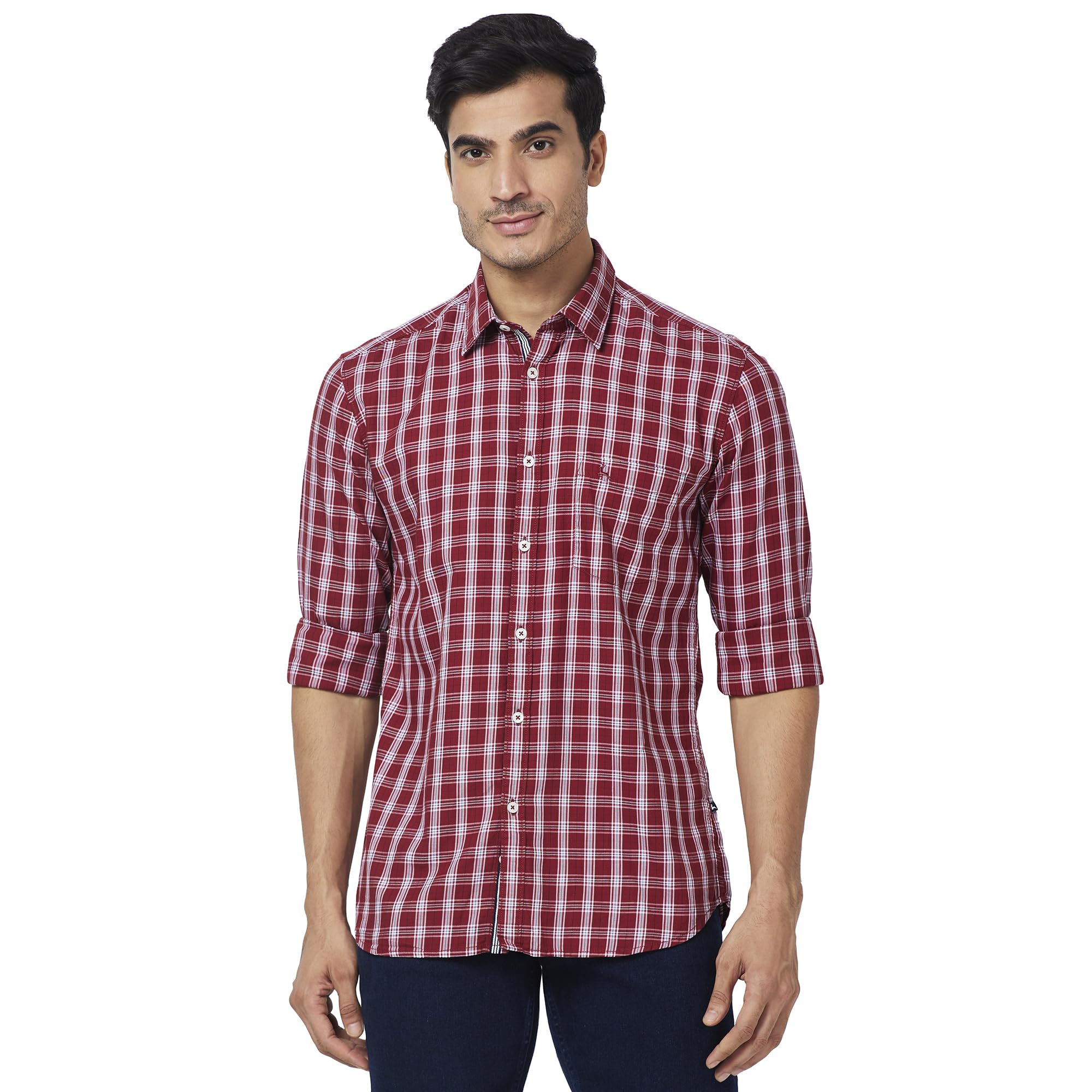 ParxMen's Pure Cotton Checks Pattern Slim Fit Semi Cutaway Collar Full Sleeve Casual Shirt