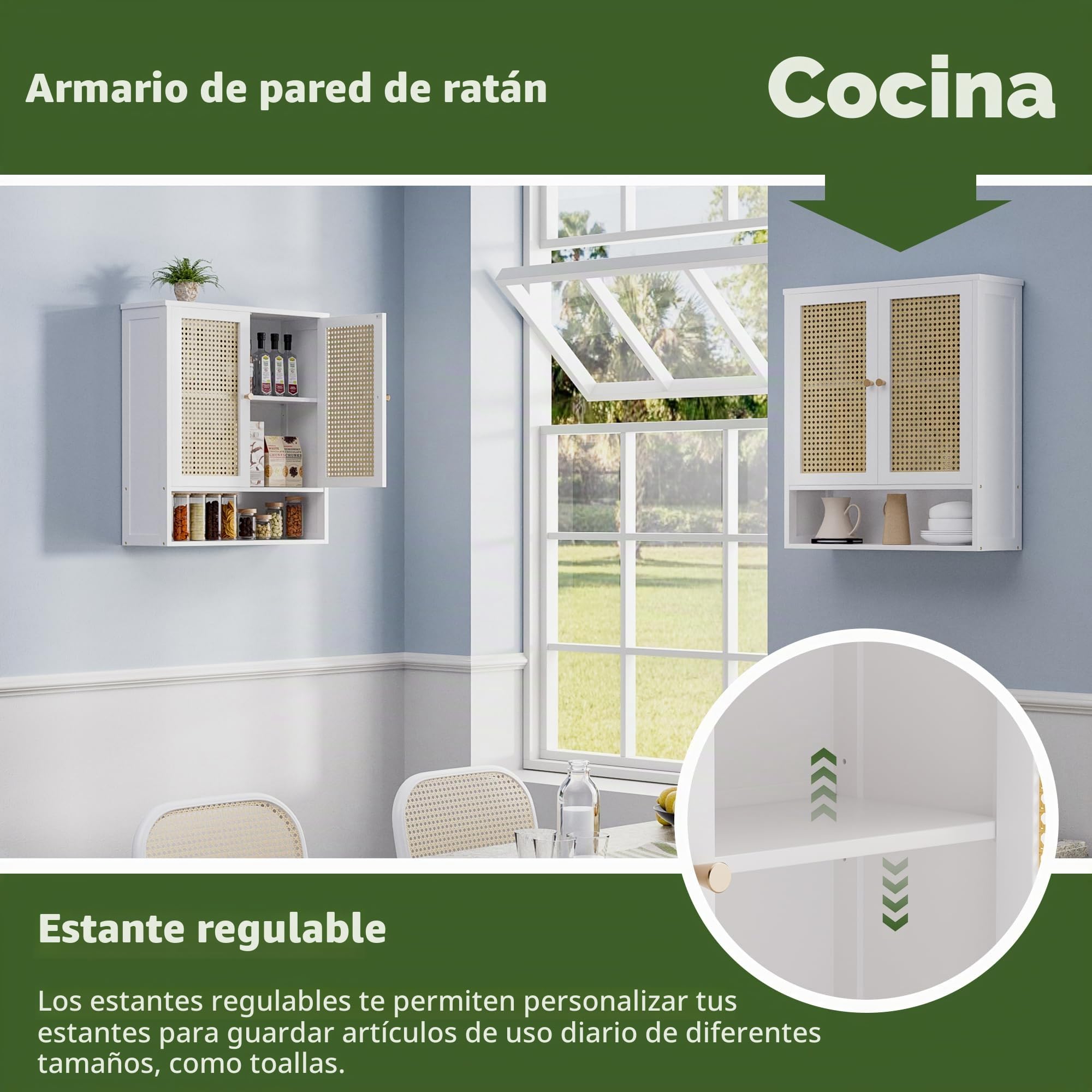 Mueble de Pared para baño, Organizador de Almacenamiento de bambú sobre el Inodoro con 2 Puertas de ratán y Estante Ajustable, botiquín de Ahorro de Espacio para lavandería, Cocina (Blanco)