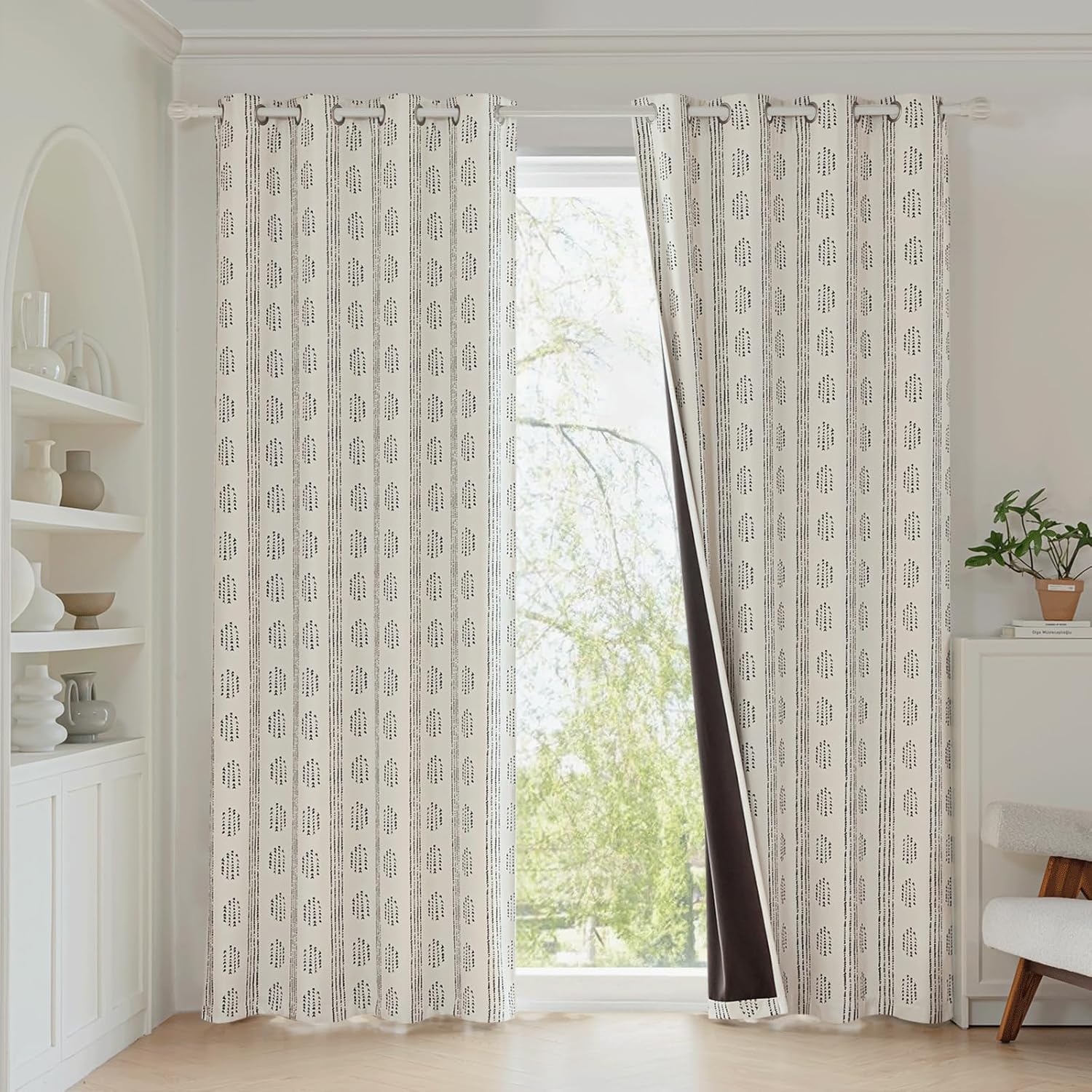 100% Boho Blackout Curtains 84 Inches Long for Bedroom, Black on Beige Patterned Bohemian Curtains for Living Room, Geometric Striped Thermal Insulated Window Drapes Gromment Top 2 Panels