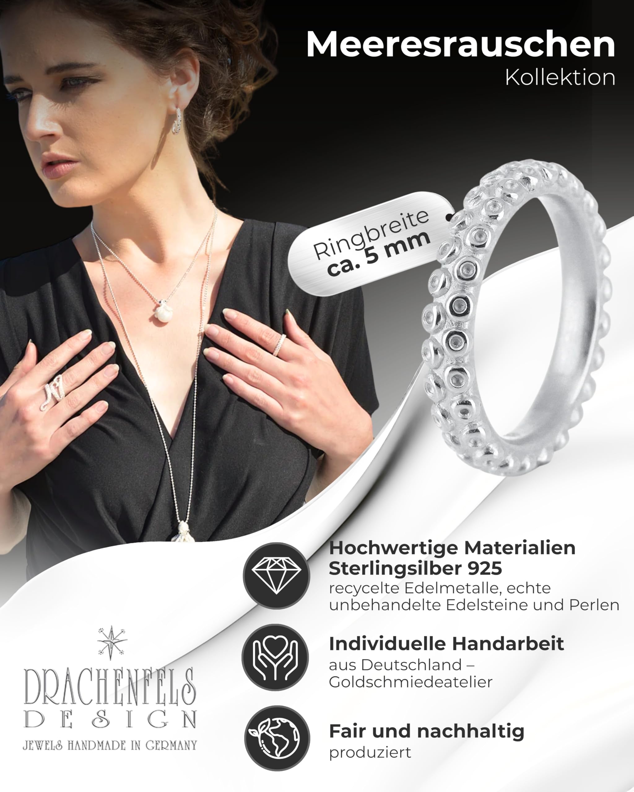 Drachenfels "Meeresrauschen" Oktopus-Ring I Größen 54–60 I Edler Damenring aus nachhaltigem 925 Sterling Silber I Nickelfreier Silberring inkl. Verpackung I In Goldschmiedequalität gefertigt