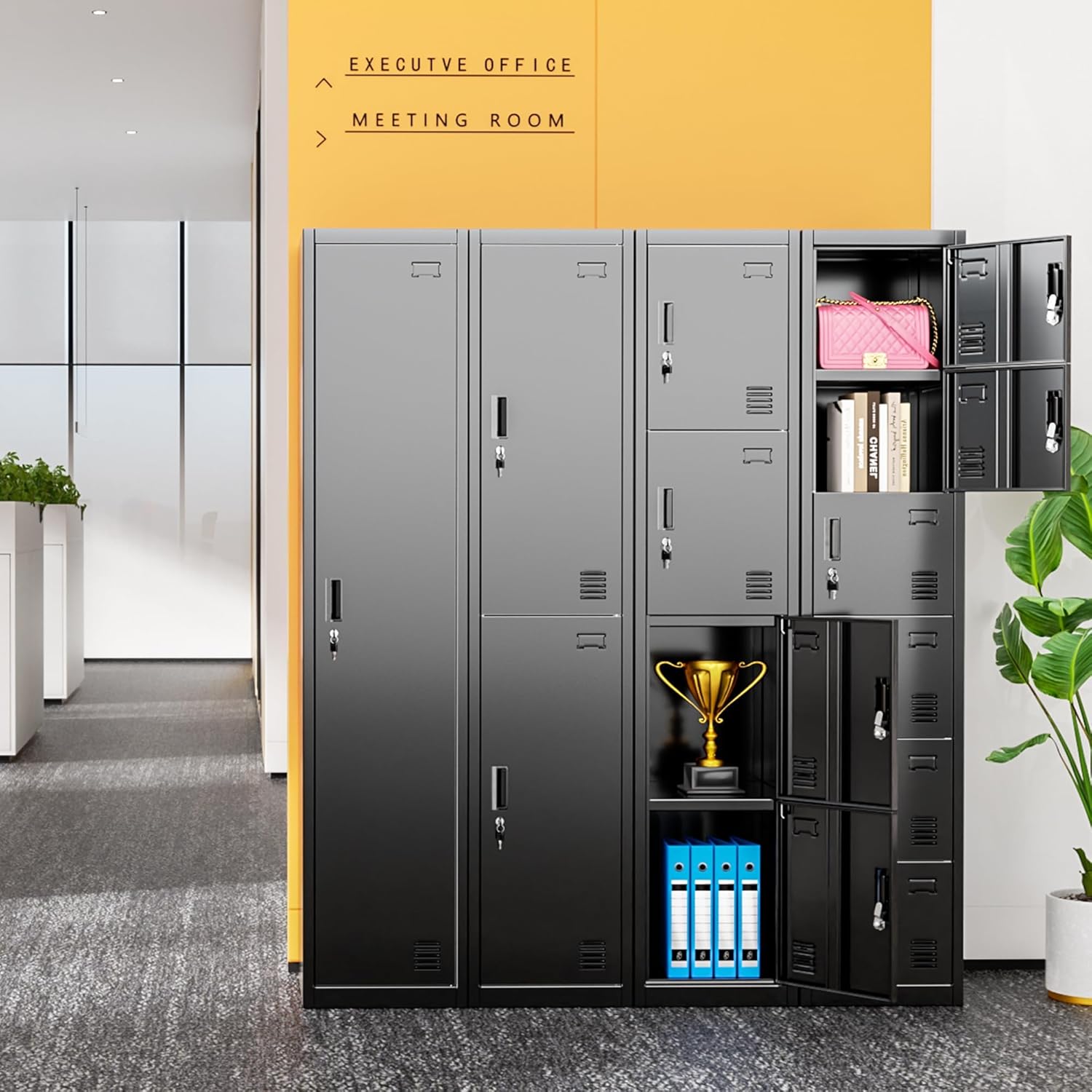 Greenvelly 72" Locker, Metal Lockers for Employees with 6 Doors and Keys, 6-Tiers Black Lockable Steel Storage Locker for Gym,School,Office,Sports,Card Slots,Vents