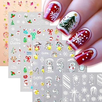 Christmas Nail Stickers for Women Girls & Kids,5D Christmas Nail Decals with Snowman Snowflake Elk Deer Snowman Xmas Tree Designs Winter Cartoon Nail Art DIY Decor Holiday Nail Stickers 6 Sheets