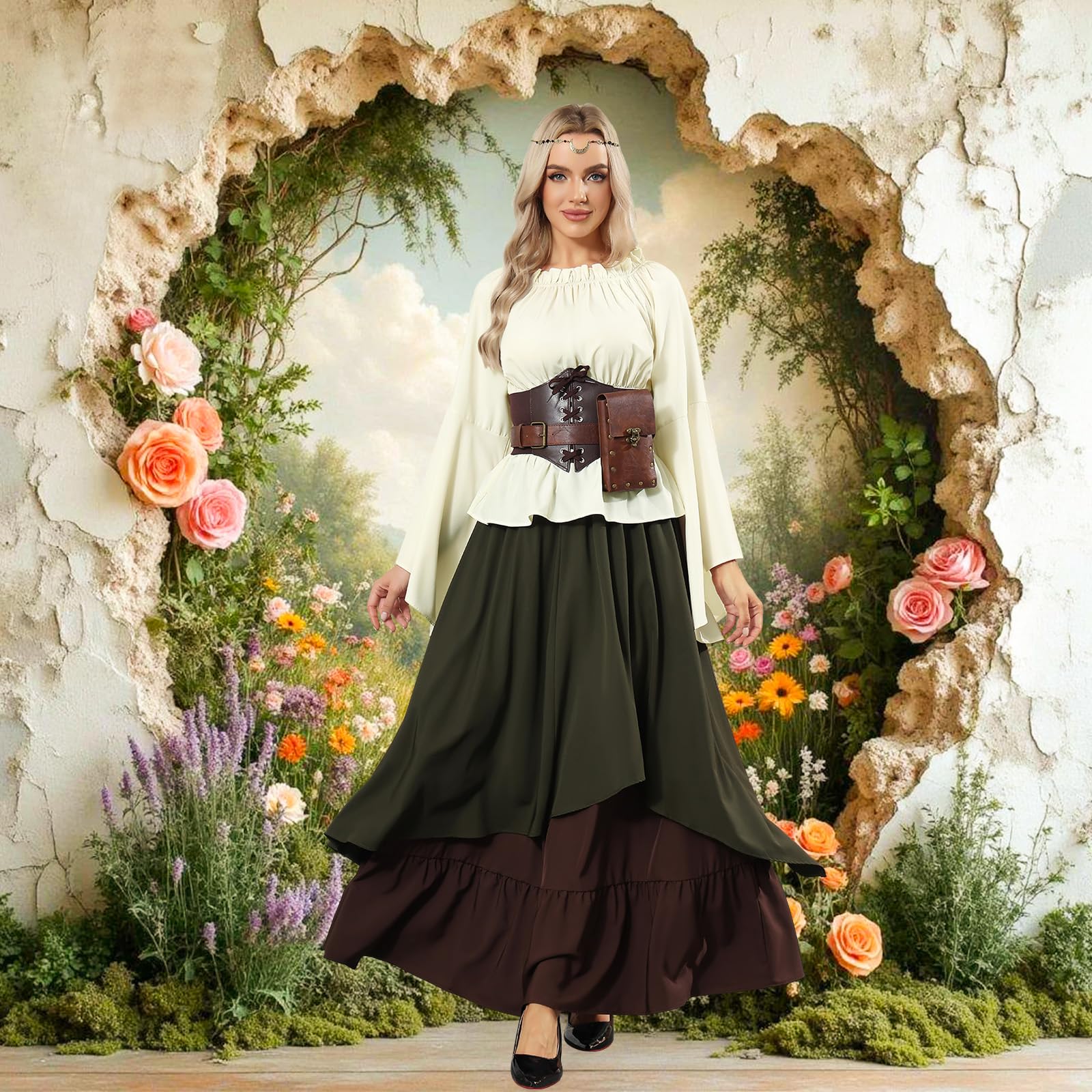 Robe Médiévale Femme, Robe Renaissance Femme avec Corset, Sac Banane, Coiffe, Ceinture, Rétro Renaissance Déguisement Victorienne Flare Manches pour Halloween Carnaval