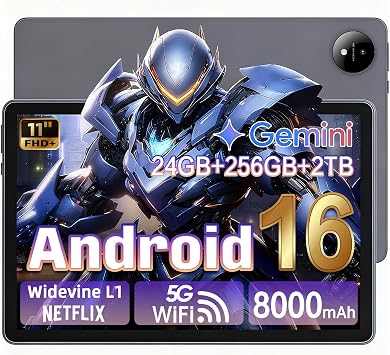Android 16 Tablet with Gemini AI 90HZ Refresh Rate, 11 Inch 1920x1200 Pixels FHD, 24GB RAM 256GB ROM 2TB TF, T7250 Octa-Core Gaming Tablets, 13MP+8MP, 8000mAh Battery, Widevine L1, 5G Wifi, GPS Gray