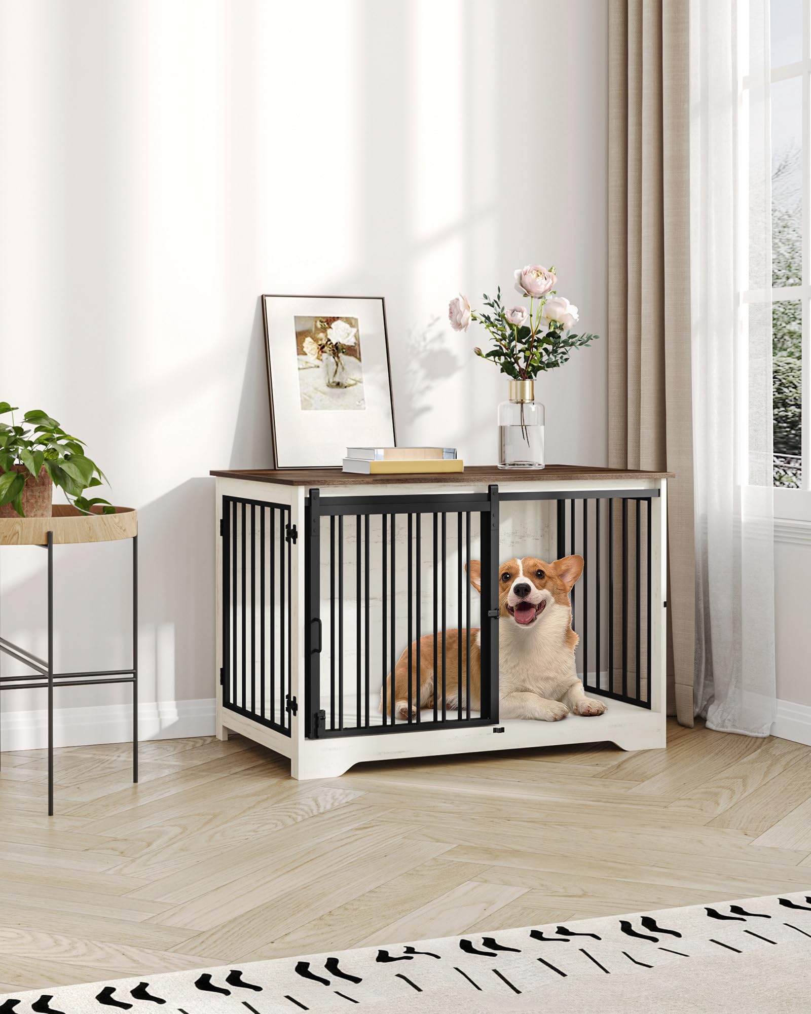 Hzuaneri 100cm Gabbia per Cani, Tavolo Supplemento, Nicchia Moderna per Cani, Gabbia per Cuccioli, Casetta per Animali, 2 porte, 60 x 100 x 68 cm, Bianco e Marrone DFC02314B