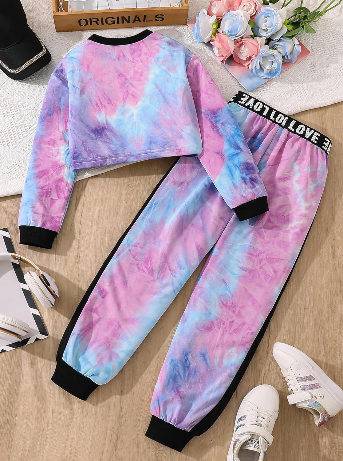 Girls 2 Piece Outfits Tie Dye Long Sleeve Crop Tops Sweatshirt and Sweatpants Jogger Set - Image 2