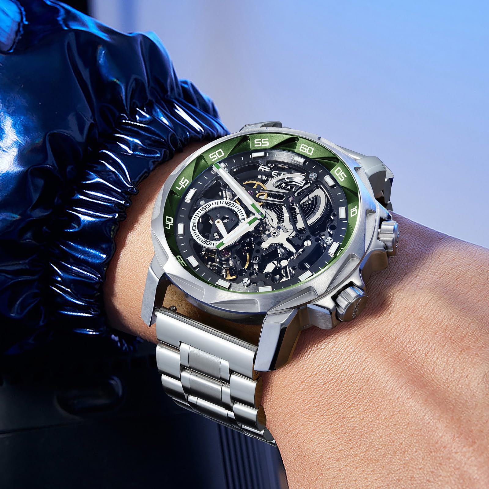FEICE FM511 YLVG Orologio da uomo automatico scheletrato, quadrante blu in vetro zaffiro, lancette luminose, impermeabile fino a 5 atm, orologio sportivo con cinturino in acciaio inossidabile
