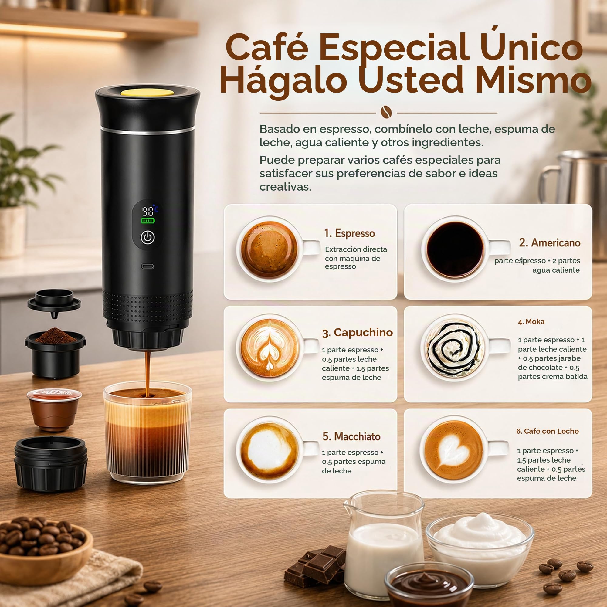 Cafetera portátil eléctrica con pantalla digital, cafetera de viaje compacta, negro