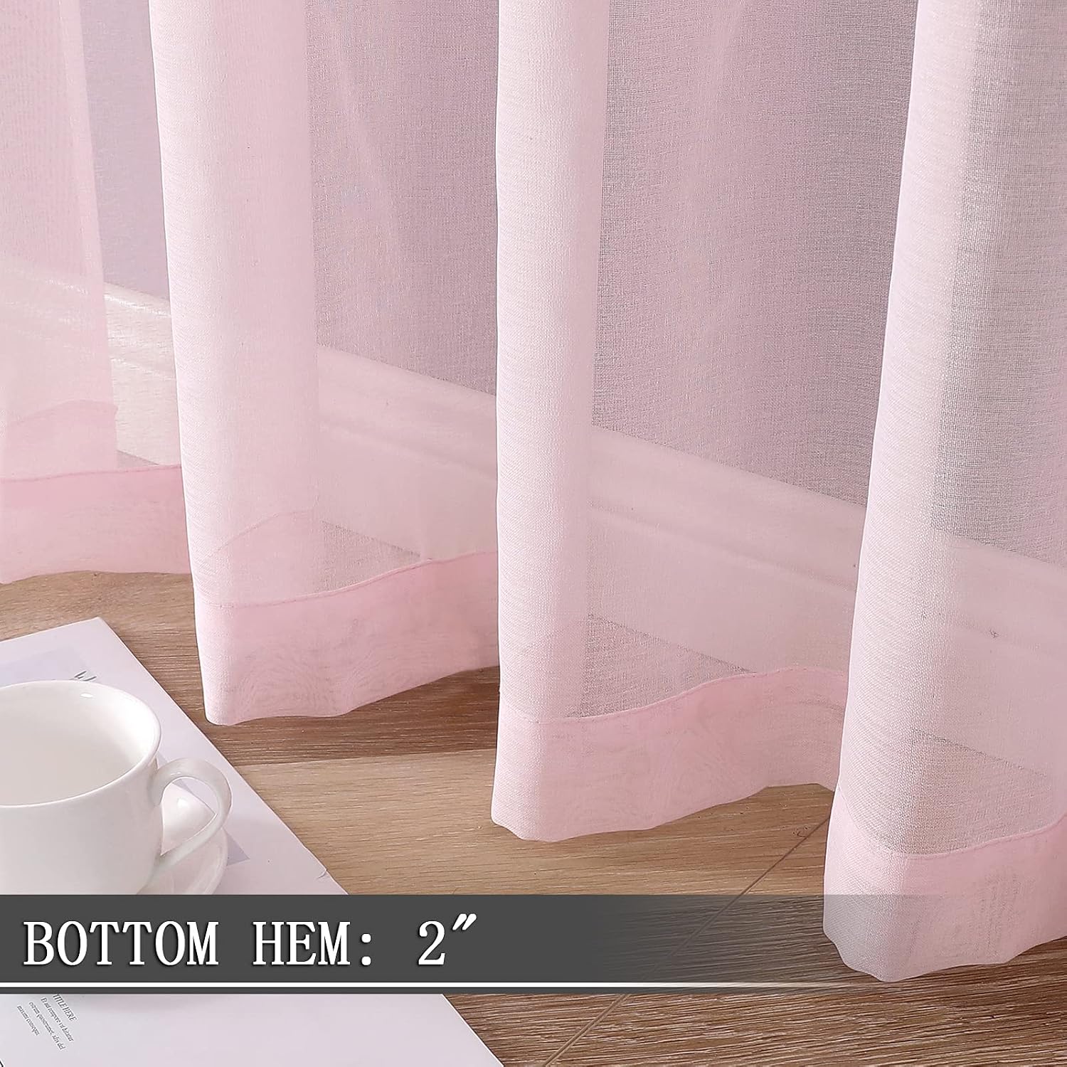 Tollpiz Short Sheer Curtains Linen Textured Living Room Curtain Sheers Light Filtering Rod Pocket Voile Curtains for Bedroom, 42 x 45 inches Long, Pink, Set of 2 Panels