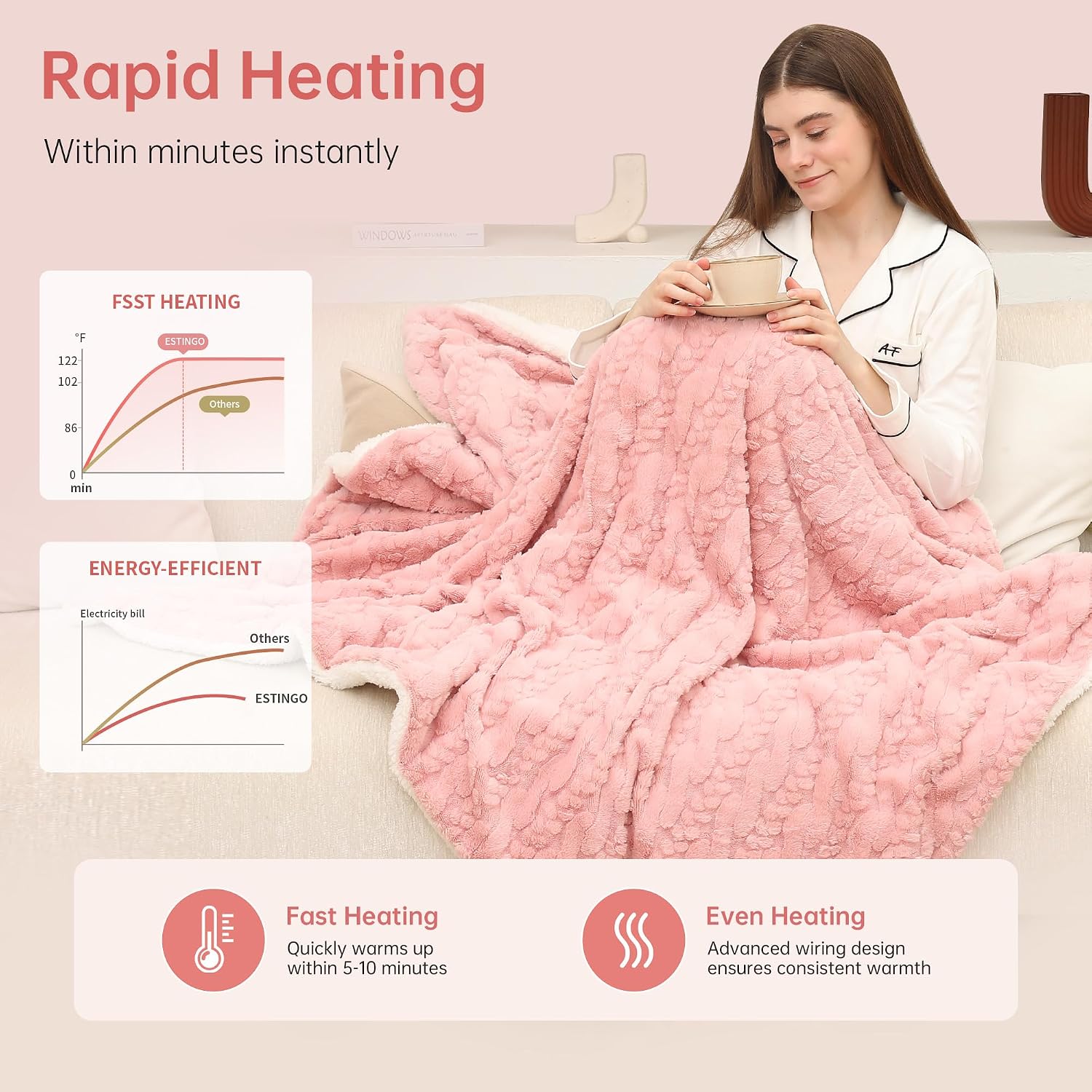 ESTINGO Electric Blanket Throw, 50x60 Rabbit Faux Fur Heating Blanket Throw
