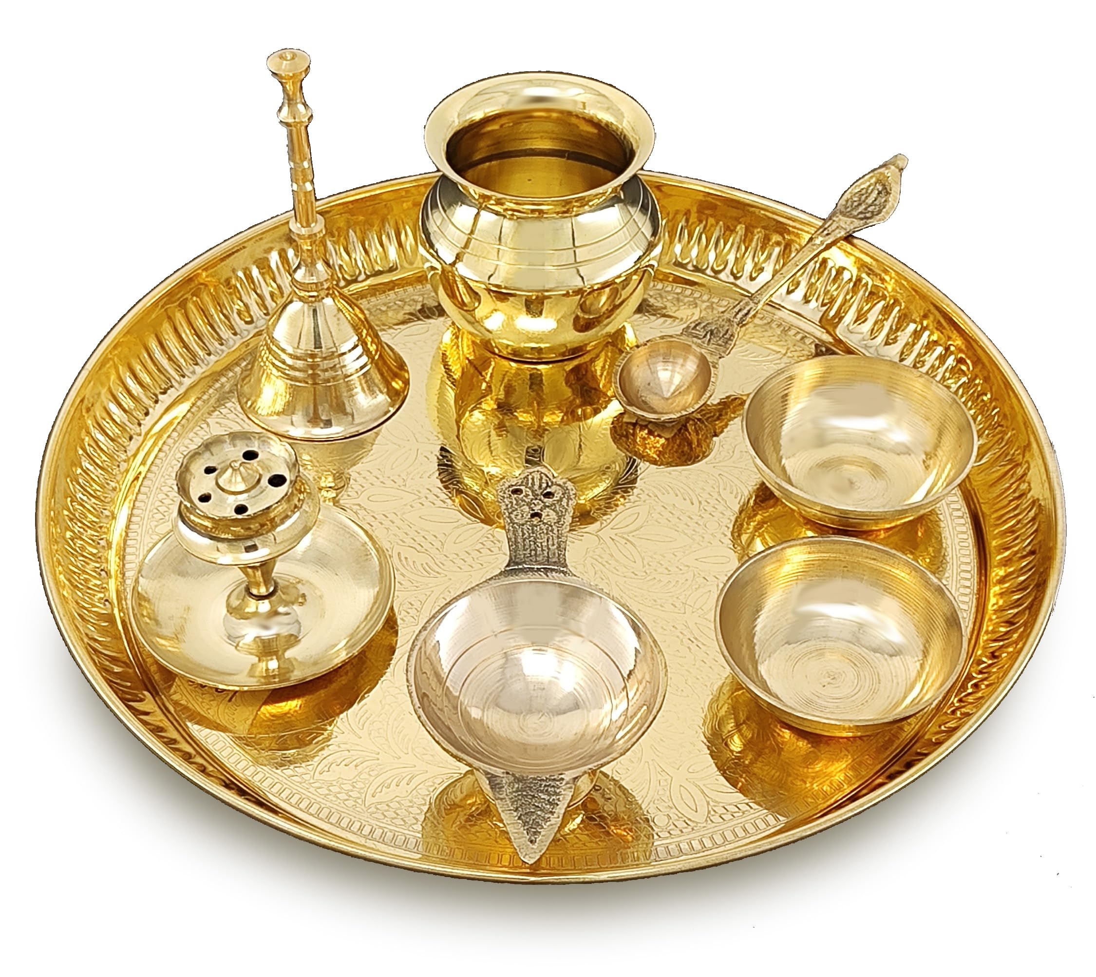 Brass Puja Thali Set 8 Inch Pooja Thali with Pital Design Plate Kalash Chandan Wati Dhup Dan Diya Ghanti Palli Arti Thali for Diwali Home Office Mandir Wedding Return Gift Items