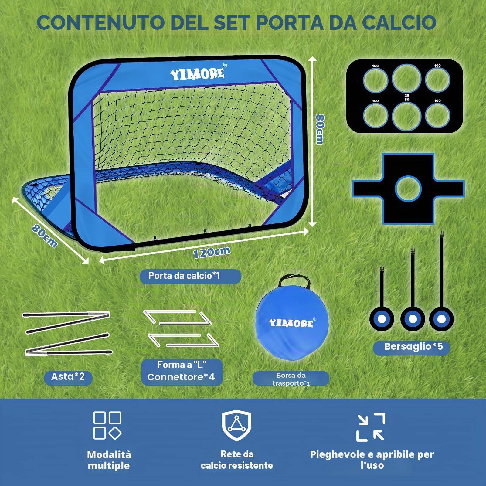 YIMORE Porta da Calcio per Bambini 120x80x80cm con Borsa a Mano 4 Modalità Interno Esterno