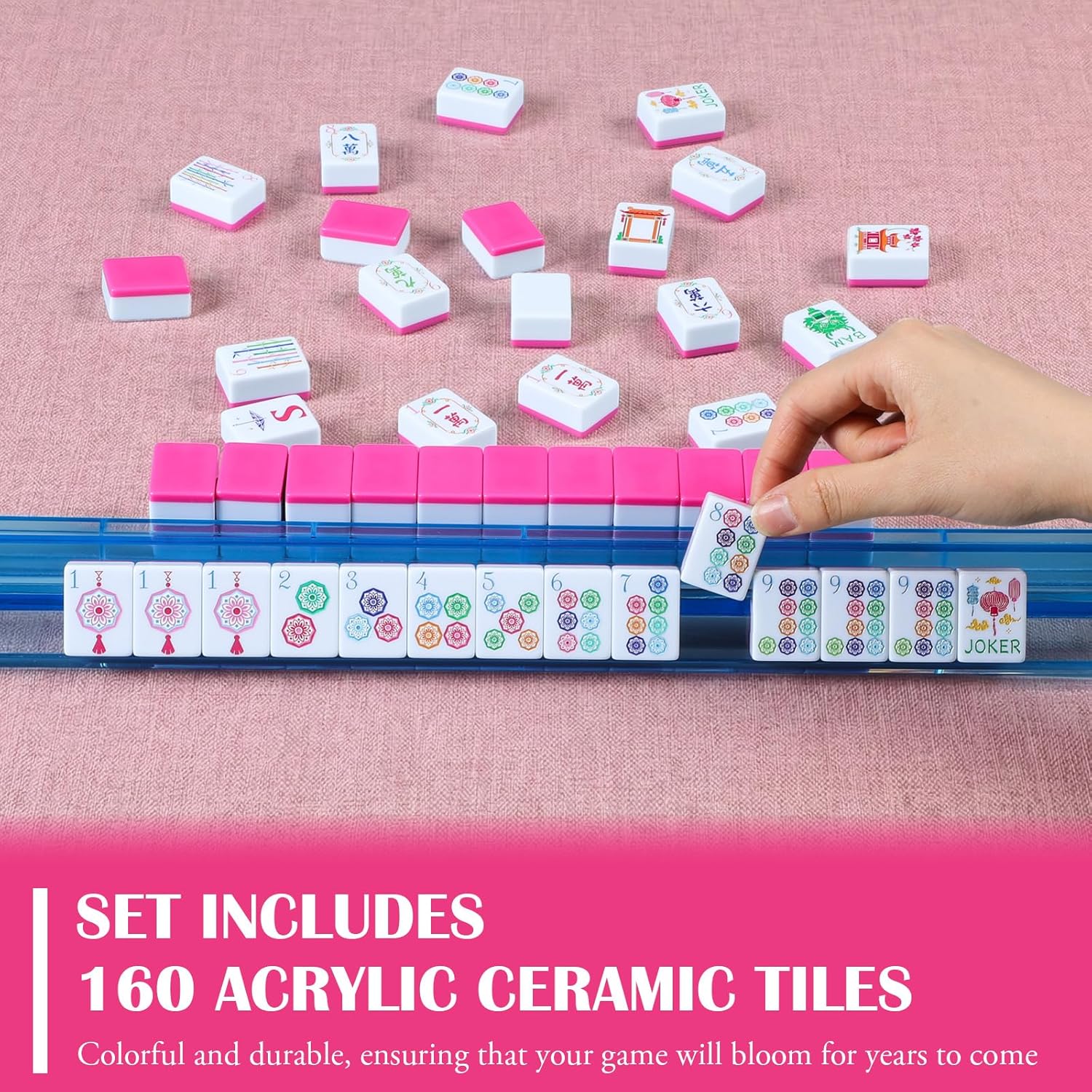 Simgoing 160 Pcs 1.2 Inch American Mahjong Sets Mahjong Tiles Melamine Engraved Multi-Layer Mah Jong Ideal for Home & Party Games, Tiles Only(Chinoiserie,Rose Red)