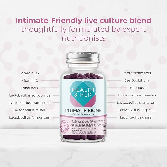 Health & Her Intimate Biome for Women Aged 45+, Vegan, 90 Day Supply | Daily supplement with 20 billion live cultures, hibiscus, sea buckthorn; Vegan, gluten free; 180 easy-to-swallow capsules