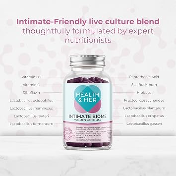 Health & Her Intimate Biome for Women Aged 45+, Vegan, 90 Day Supply | Daily supplement with 20 billion live cultures, hibiscus, sea buckthorn; Vegan, gluten free; 180 easy-to-swallow capsules
