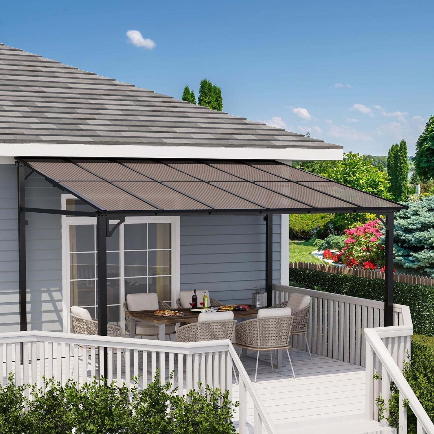 10x12ft Lean to Metal Pergola Gazebo with Hardtop Polycarbonate Roof, Wall Mounted Outdoor Pergolas for Patios, Aluminum Frame Shade Shelter for Deck, Yard, Party, or Garden