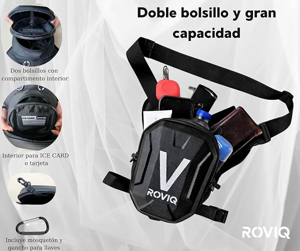 ROVIQ Pernera Moto Unisex, Bolsa Pierna Moto expandible 10-16 cm con 2 Compartimentos, Frontal EVA/PU semirrígido, Bolsillo Ice Card, 2 Ice Cards y mosquetón - Accesorios Moto - 4