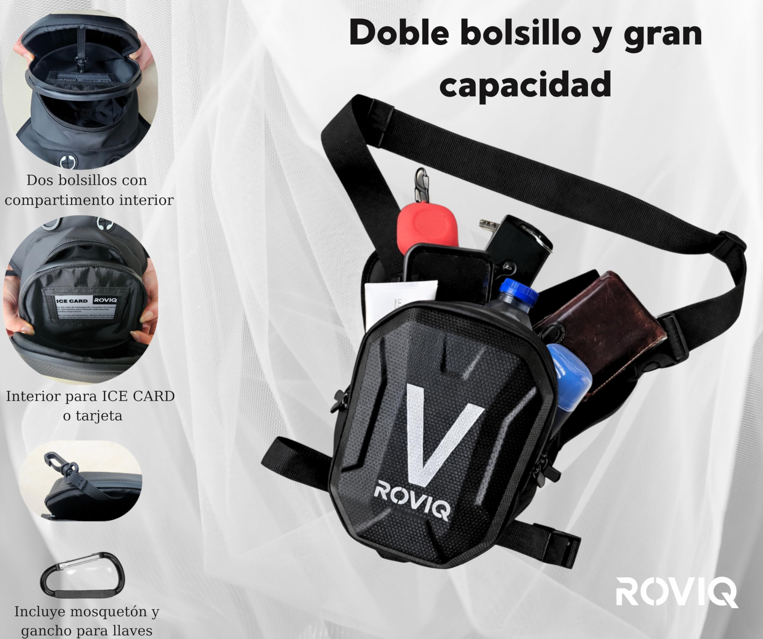 ROVIQ Pernera Moto Unisex, Bolsa Pierna Moto expandible 10-16 cm con 2 Compartimentos, Frontal EVA/PU semirrígido, Bolsillo Ice Card, 2 Ice Cards y mosquetón - Accesorios Moto — view 4