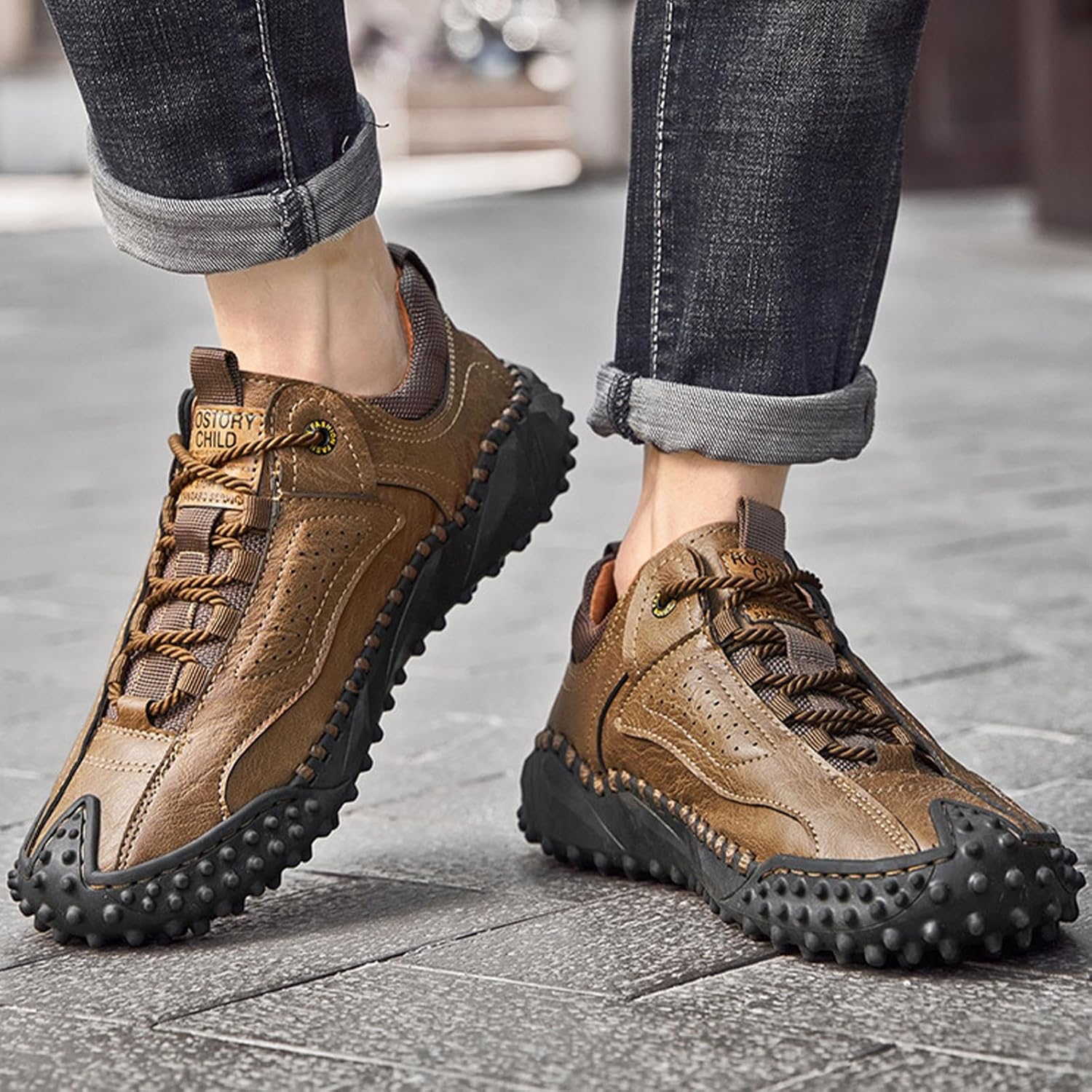 Men’s Vintage Leather Hiking Shoes – Hand-Sewn Lightweight Boots with Wide Toe Design, Waterproof Breathable & Non-Slip Boots for Driving & Walking(Khaki,US 11)